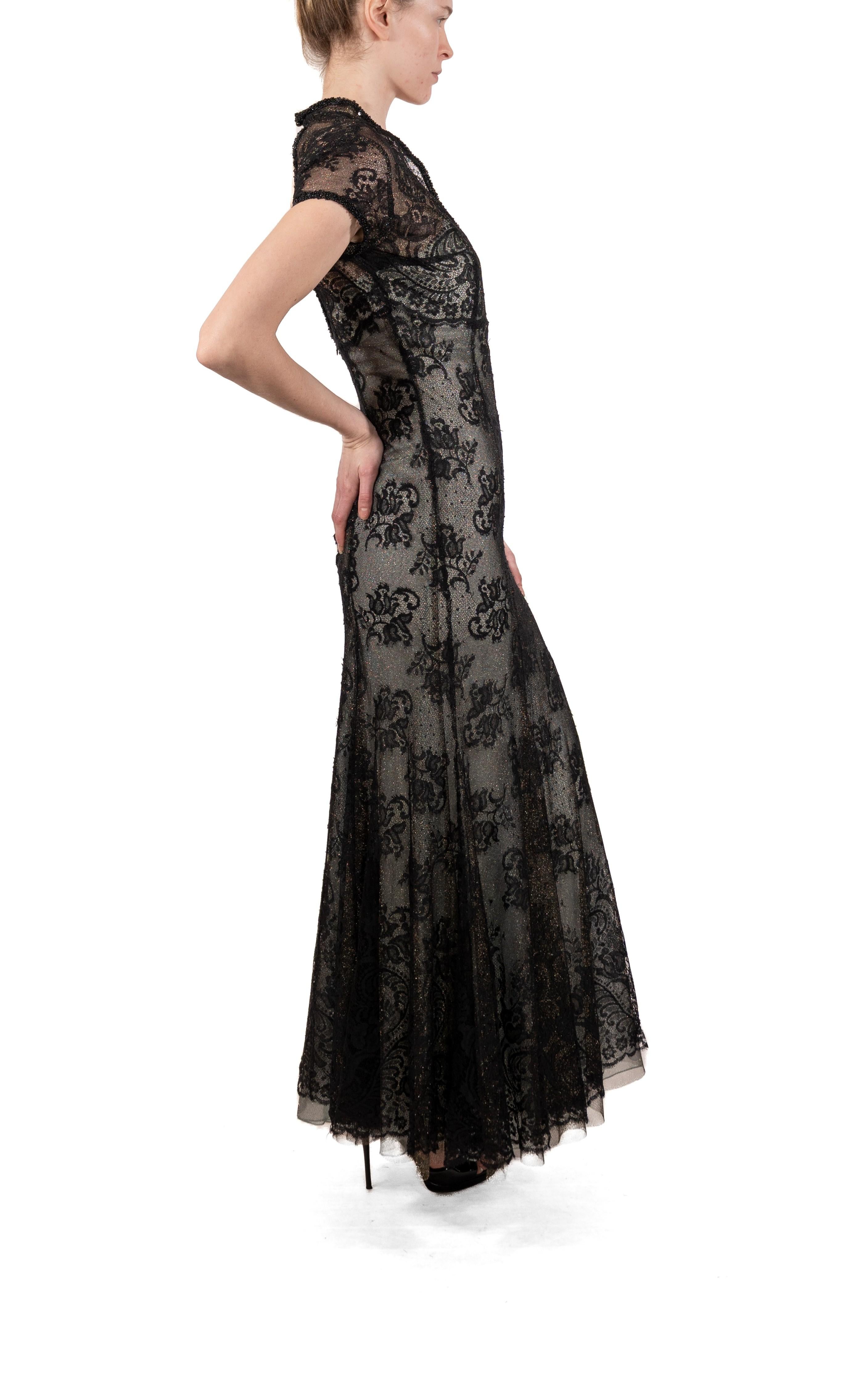 1990S Black Chantilly Lace Short Sleeved Gown For Sale 4