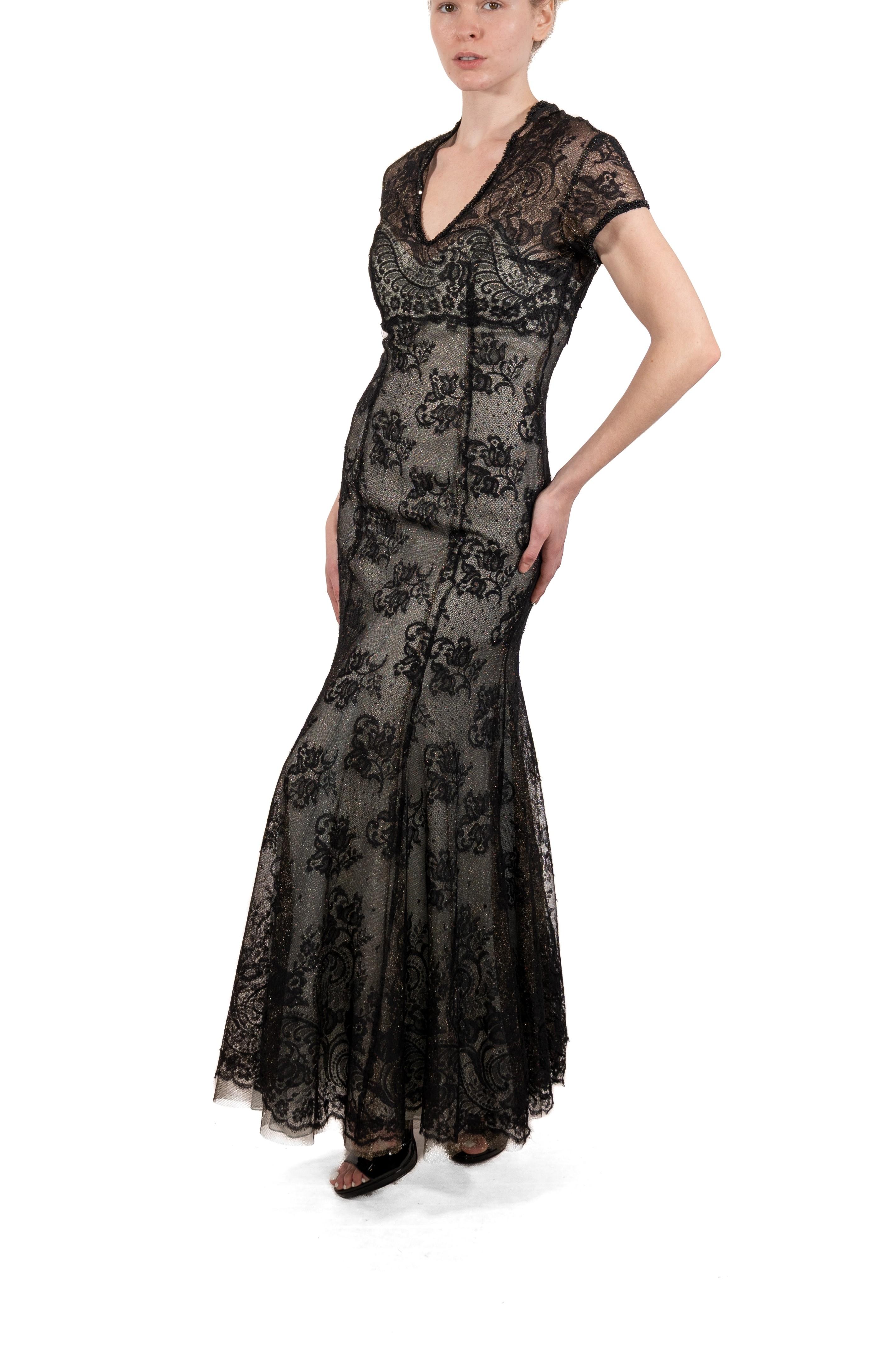 1990S Black Chantilly Lace Short Sleeved Gown For Sale 5