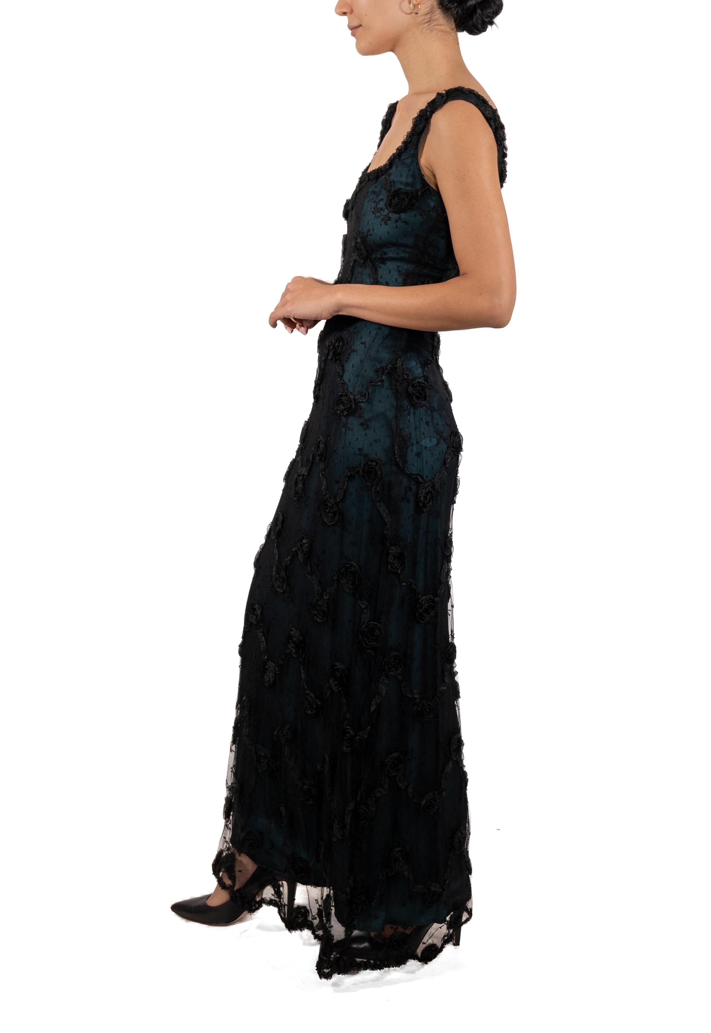 1990S Black Chantilly Lace Underlined In Teal Silk Satin Gown With Organza Ribb In Good Condition For Sale In New York, NY