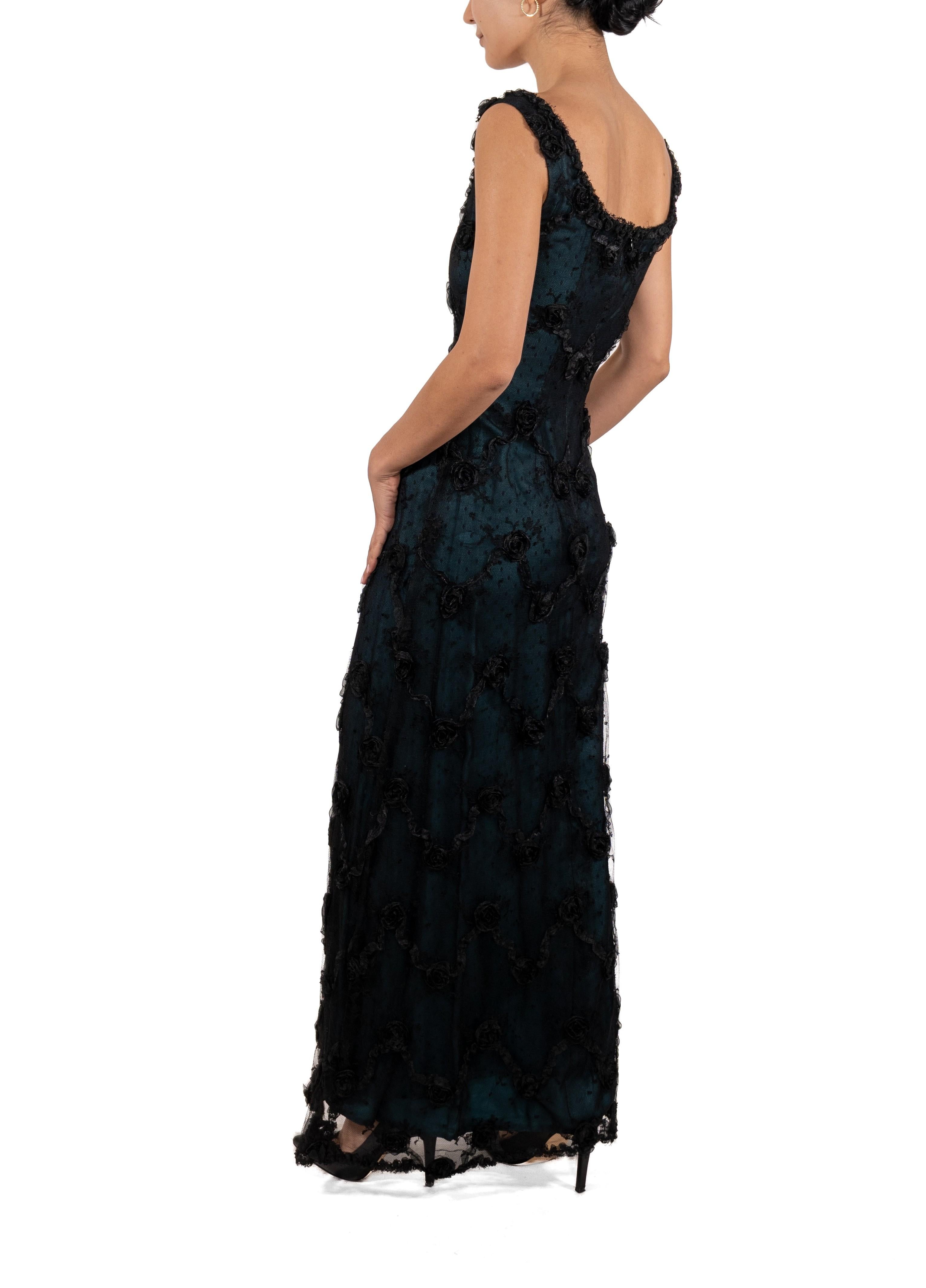 Women's 1990S Black Chantilly Lace Underlined In Teal Silk Satin Gown With Organza Ribb For Sale