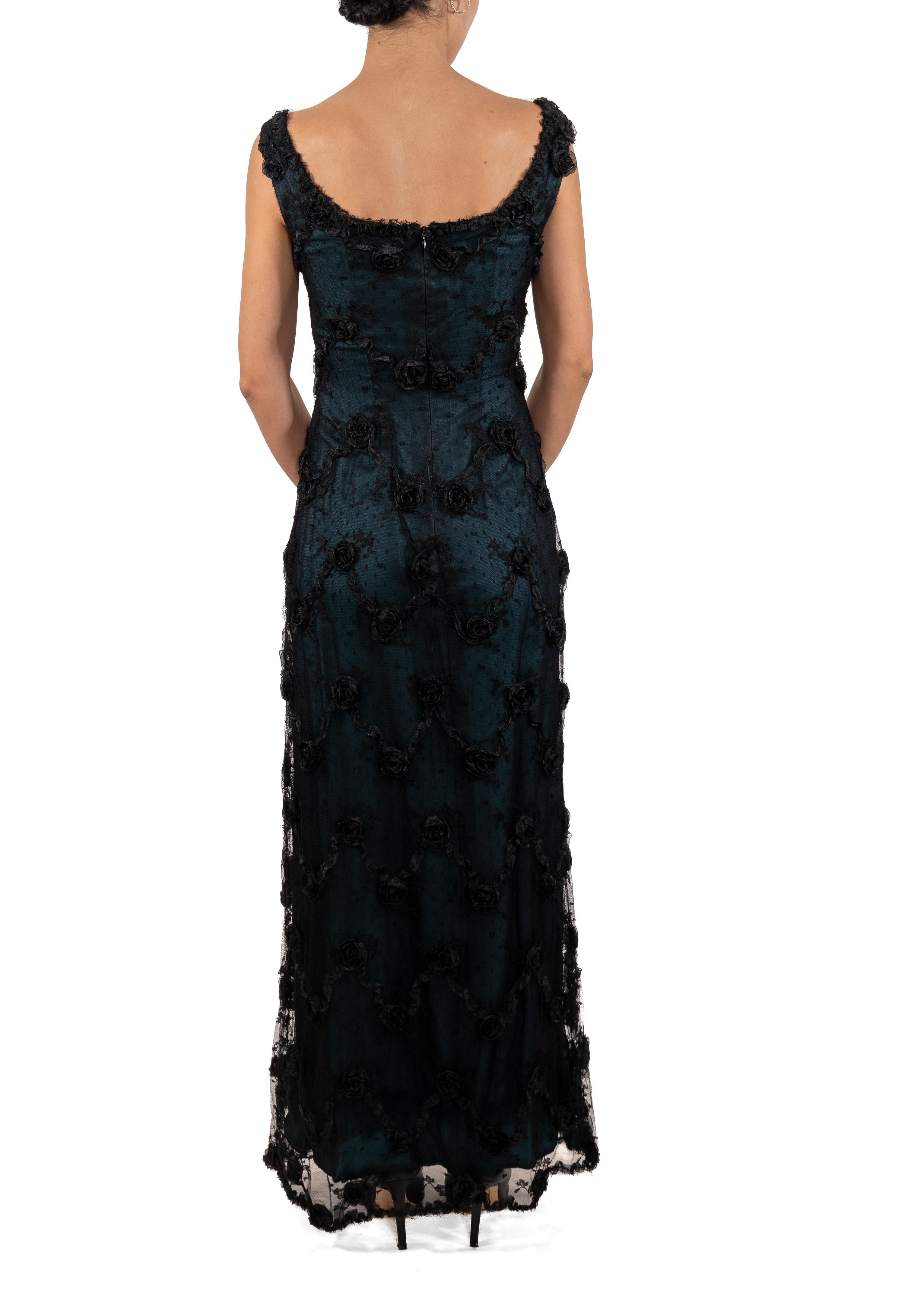 1990S Black Chantilly Lace Underlined In Teal Silk Satin Gown With Organza Ribb For Sale 1