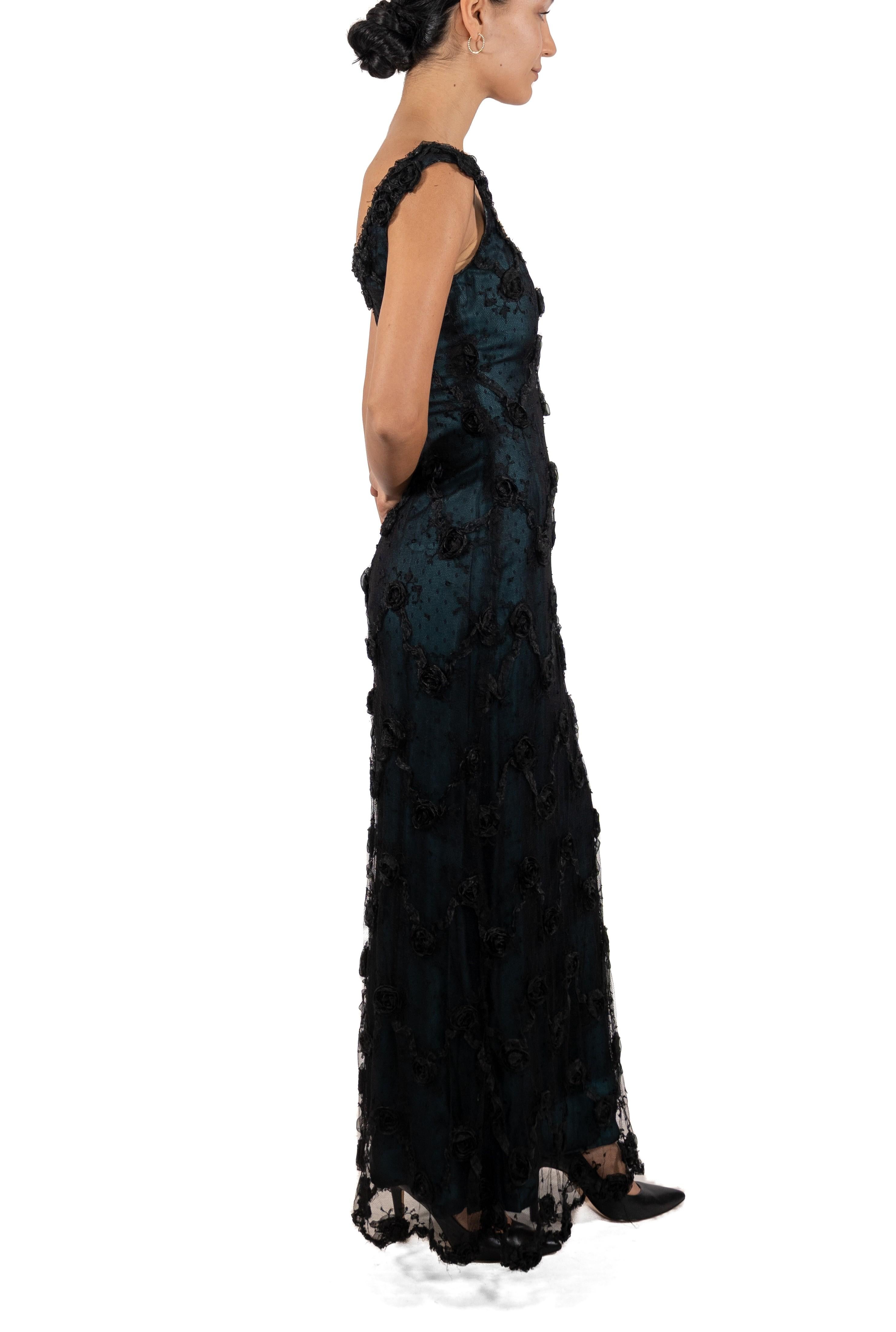 1990S Black Chantilly Lace Underlined In Teal Silk Satin Gown With Organza Ribb For Sale 2
