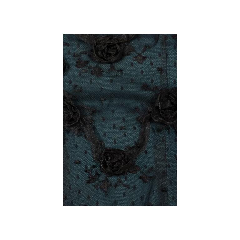 1990S Black Chantilly Lace Underlined In Teal Silk Satin Gown With Organza Ribb For Sale 4