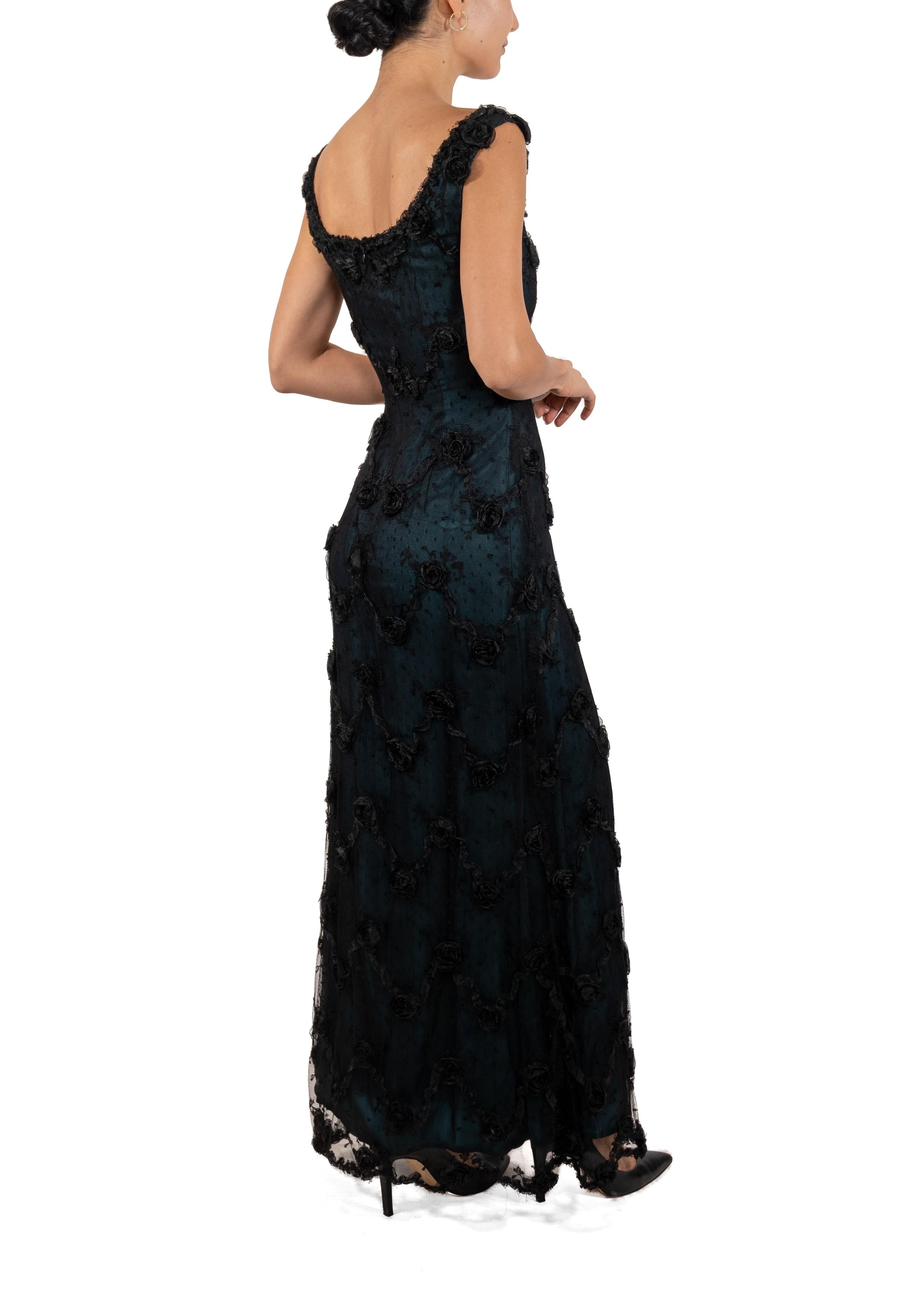 1990S Black Chantilly Lace Underlined In Teal Silk Satin Gown With Organza Ribb For Sale 5