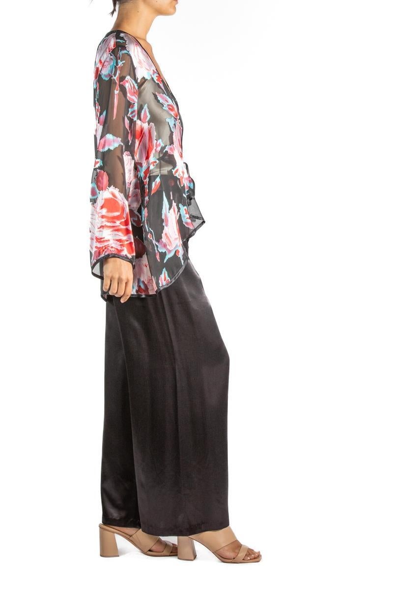 1990S Black Chinese Rayon & Silk Burnout Chiffon Two Piece Pajamas In Excellent Condition For Sale In New York, NY