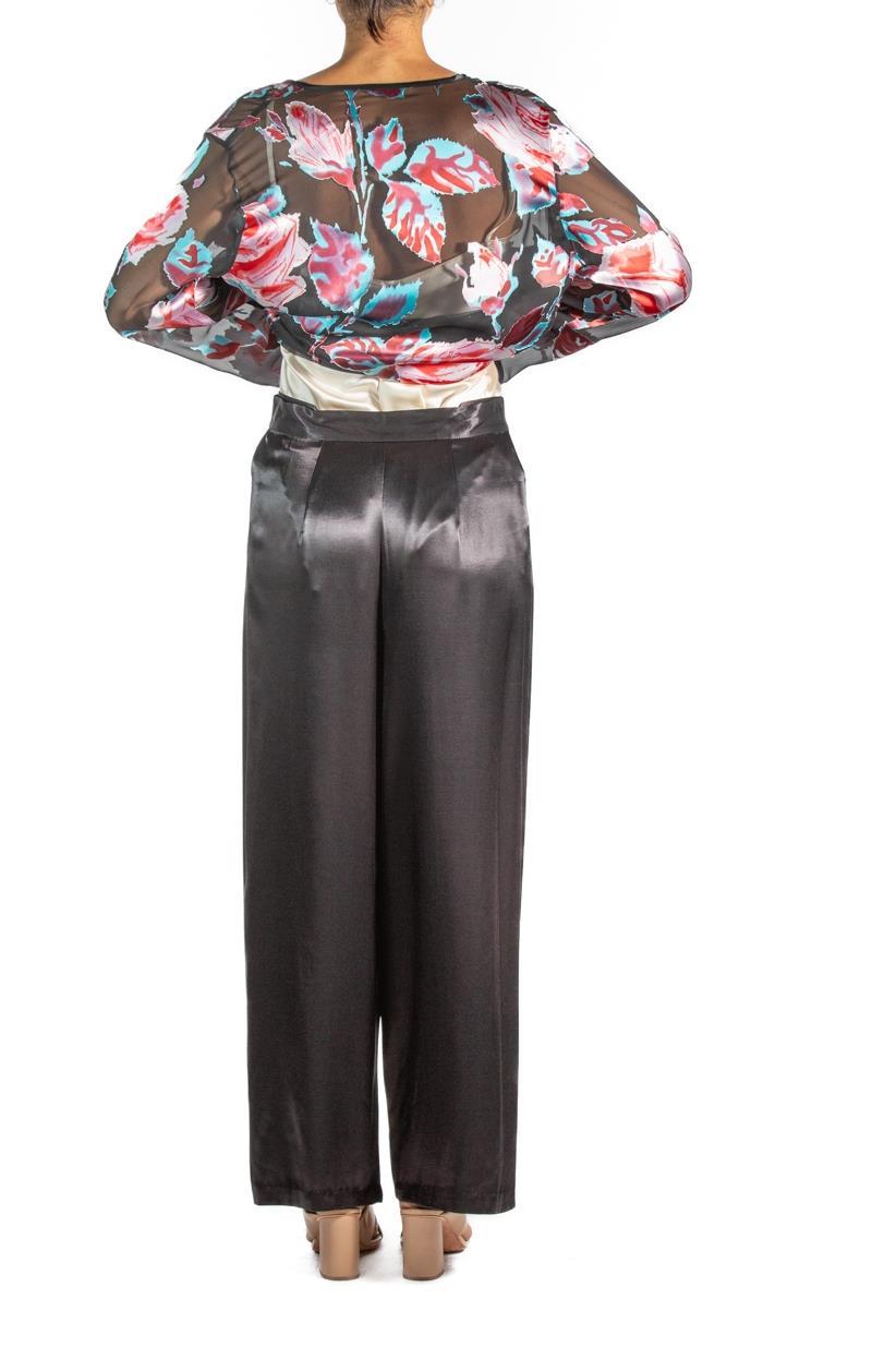 1990S Black Chinese Rayon & Silk Burnout Chiffon Two Piece Pajamas For Sale 2