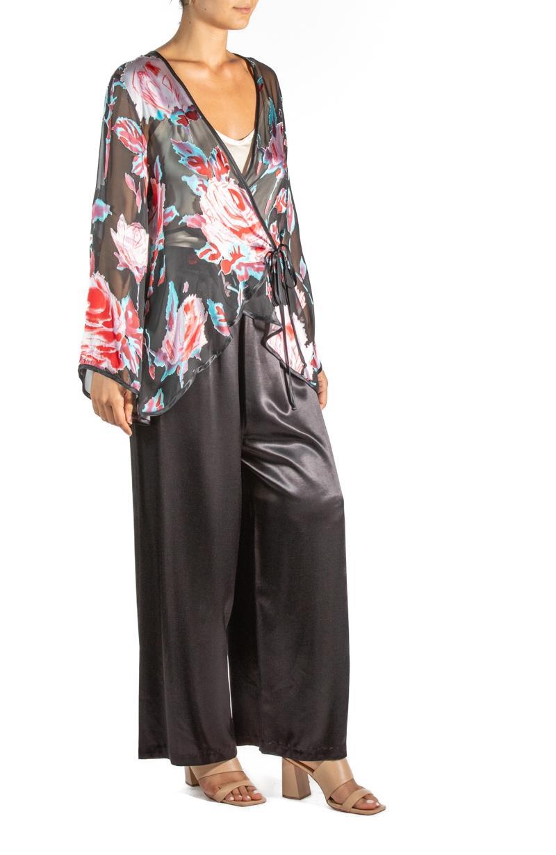1990S Black Chinese Rayon & Silk Burnout Chiffon Two Piece Pajamas For Sale 3