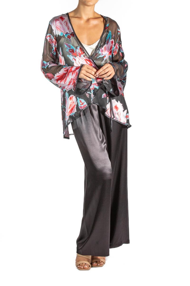1990S Black Chinese Rayon & Silk Burnout Chiffon Two Piece Pajamas For Sale 5