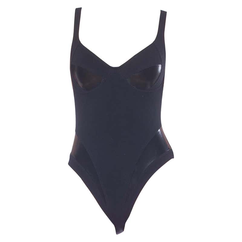 1990S Black Cotton And Pleather Bodysuit at 1stDibs