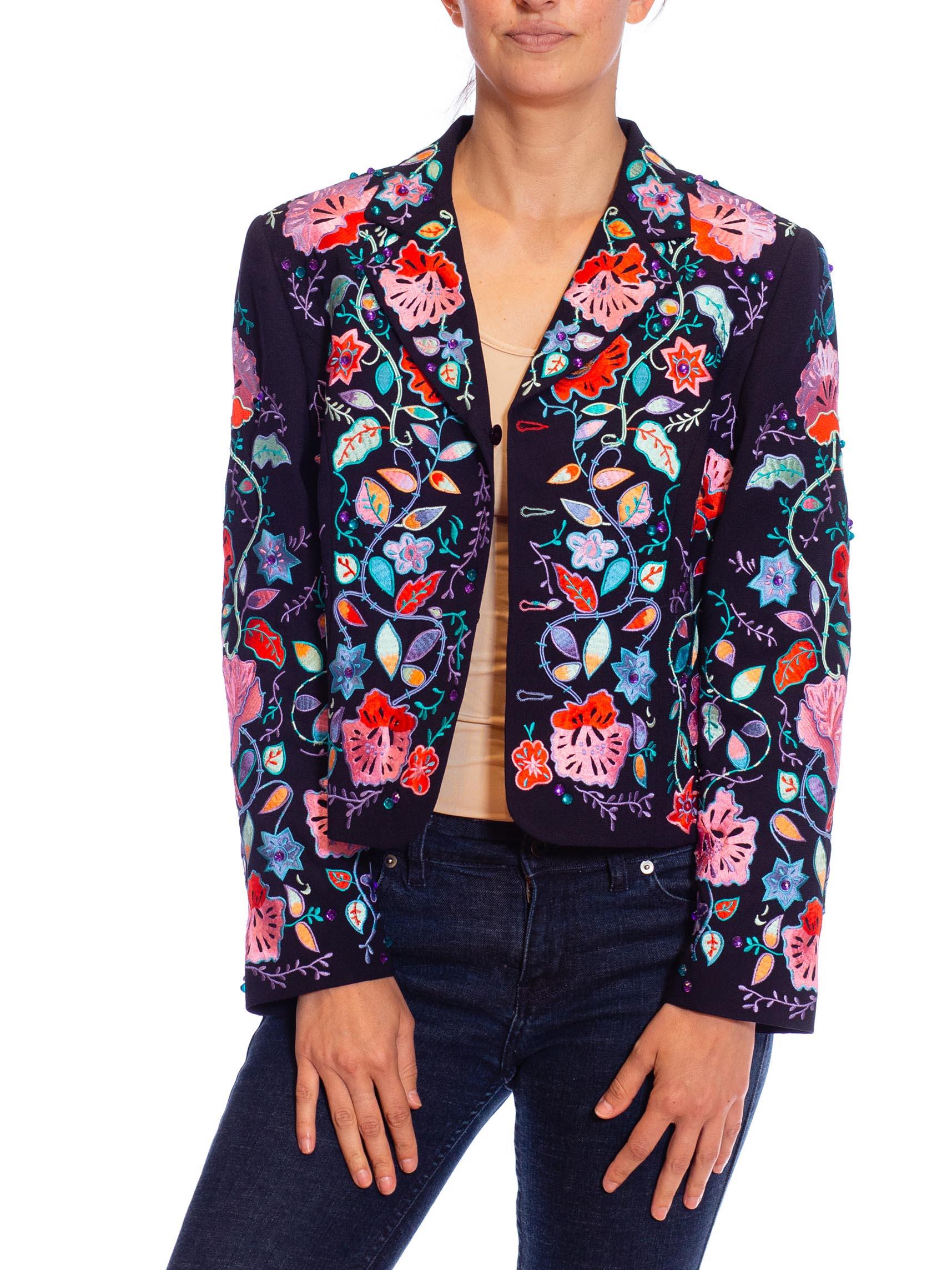 1990s Black Cotton Jacket with Pink and Purple embroidered flowers For Sale 6