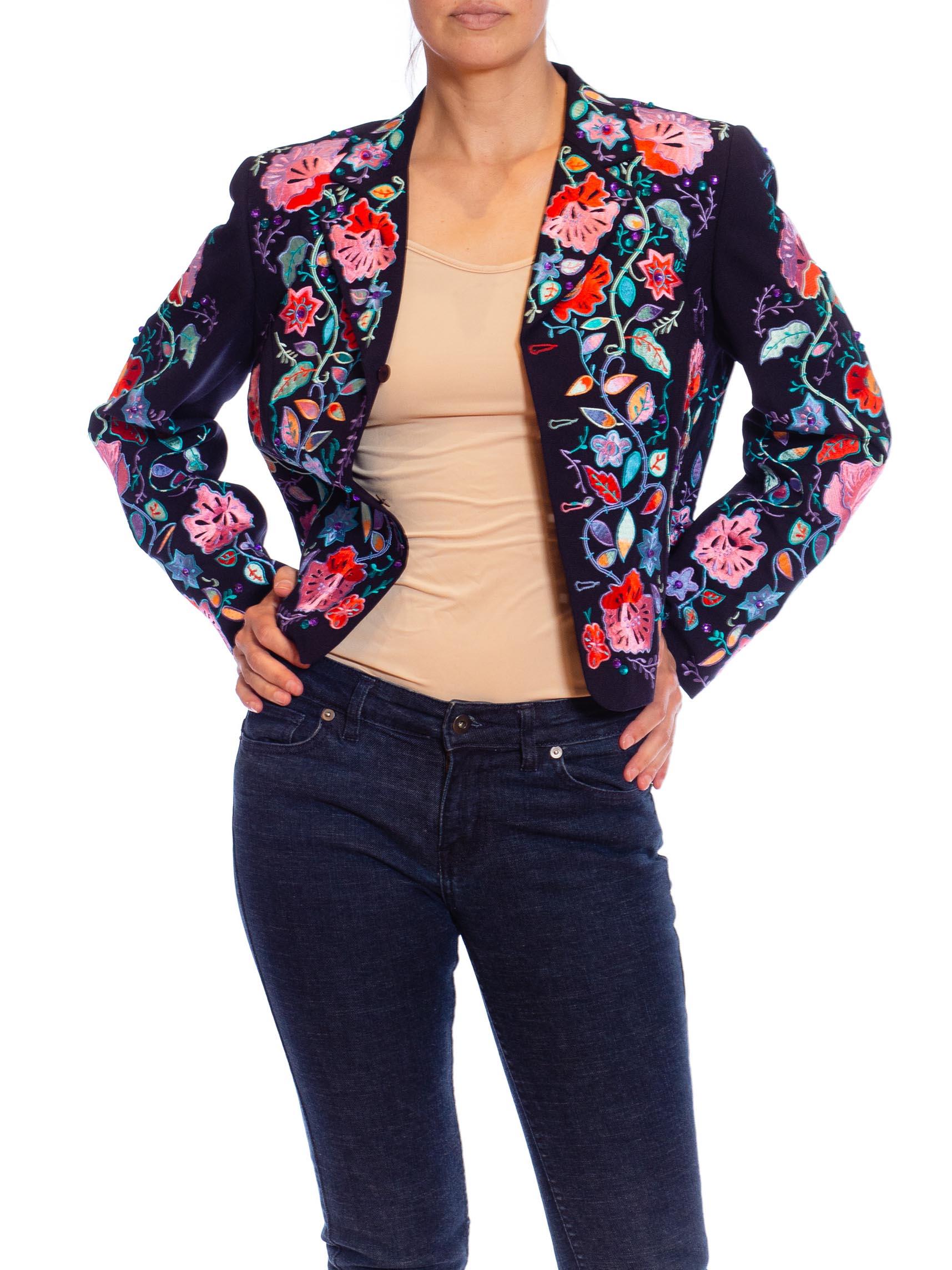 1990s Black Cotton Jacket with Pink and Purple embroidered flowers For Sale 7