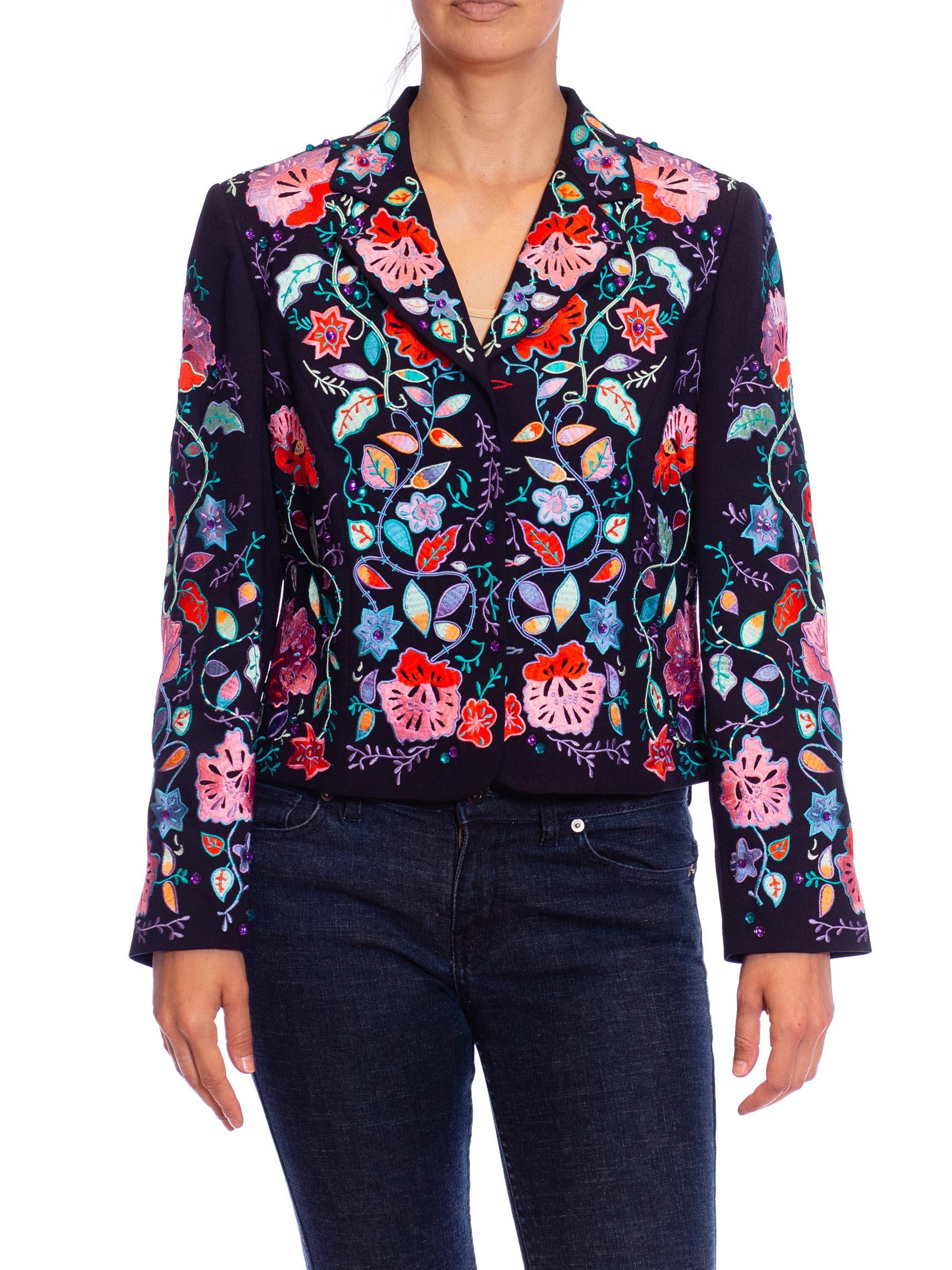 1990s black cotton jacket covered in embroidered pink and purple flowers