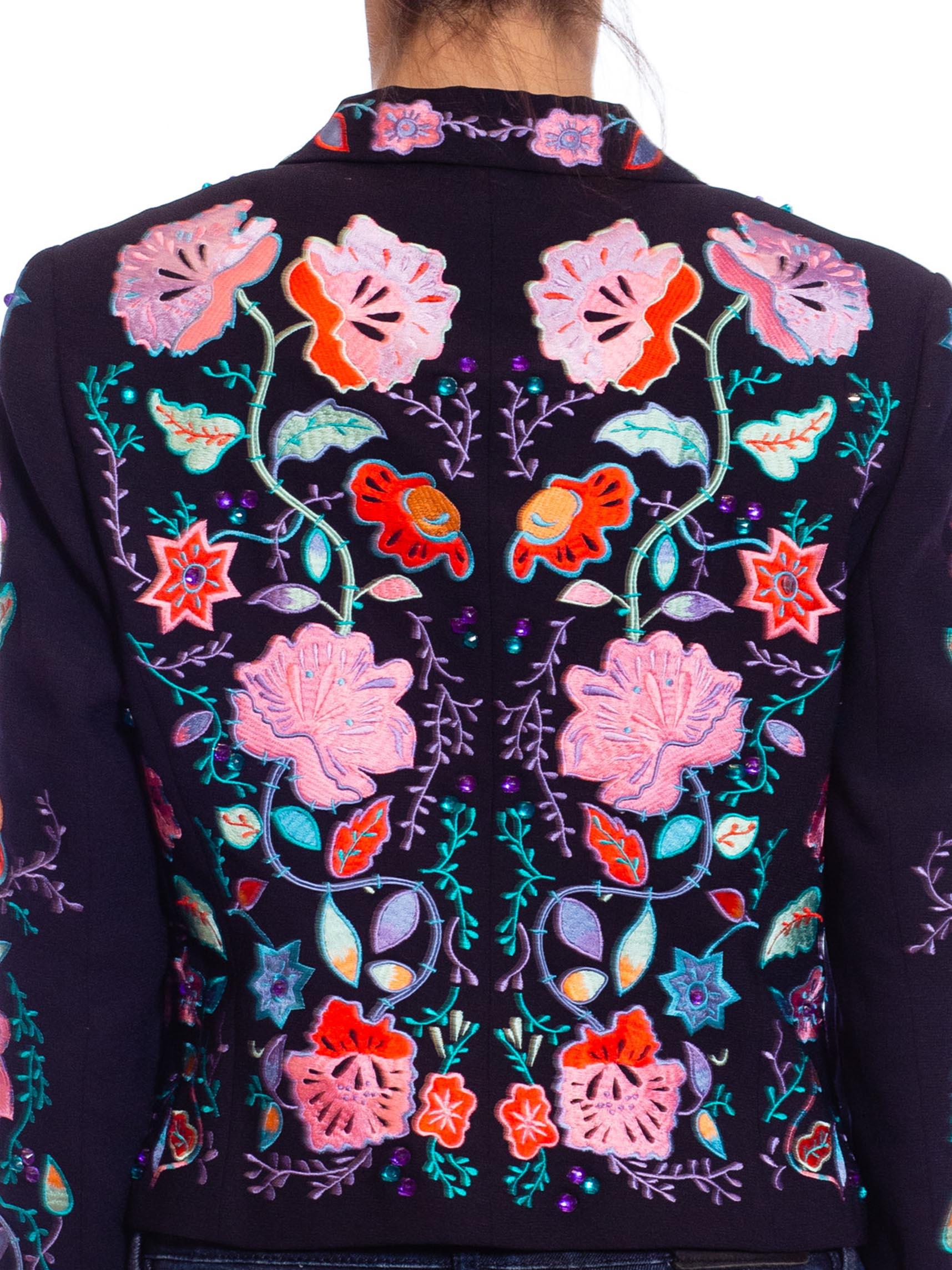 1990s Black Cotton Jacket with Pink and Purple embroidered flowers For Sale 2