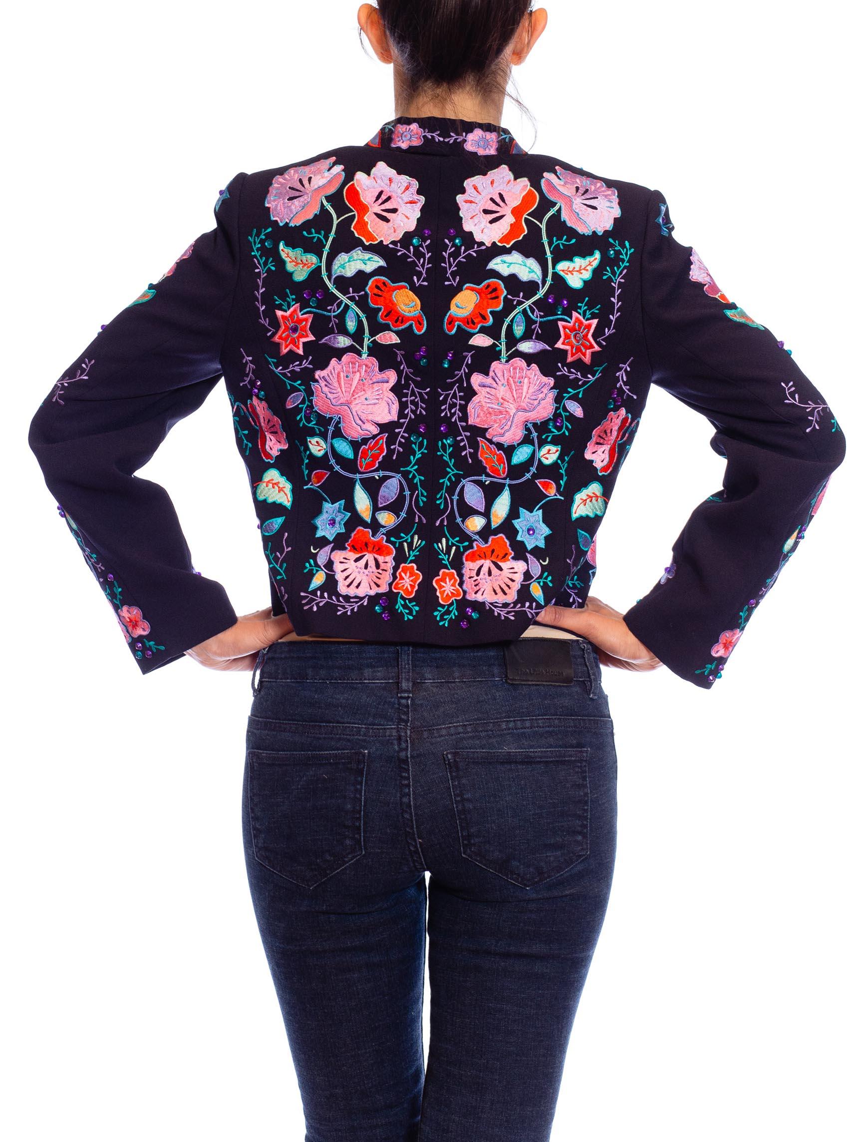 1990s Black Cotton Jacket with Pink and Purple embroidered flowers For Sale 3