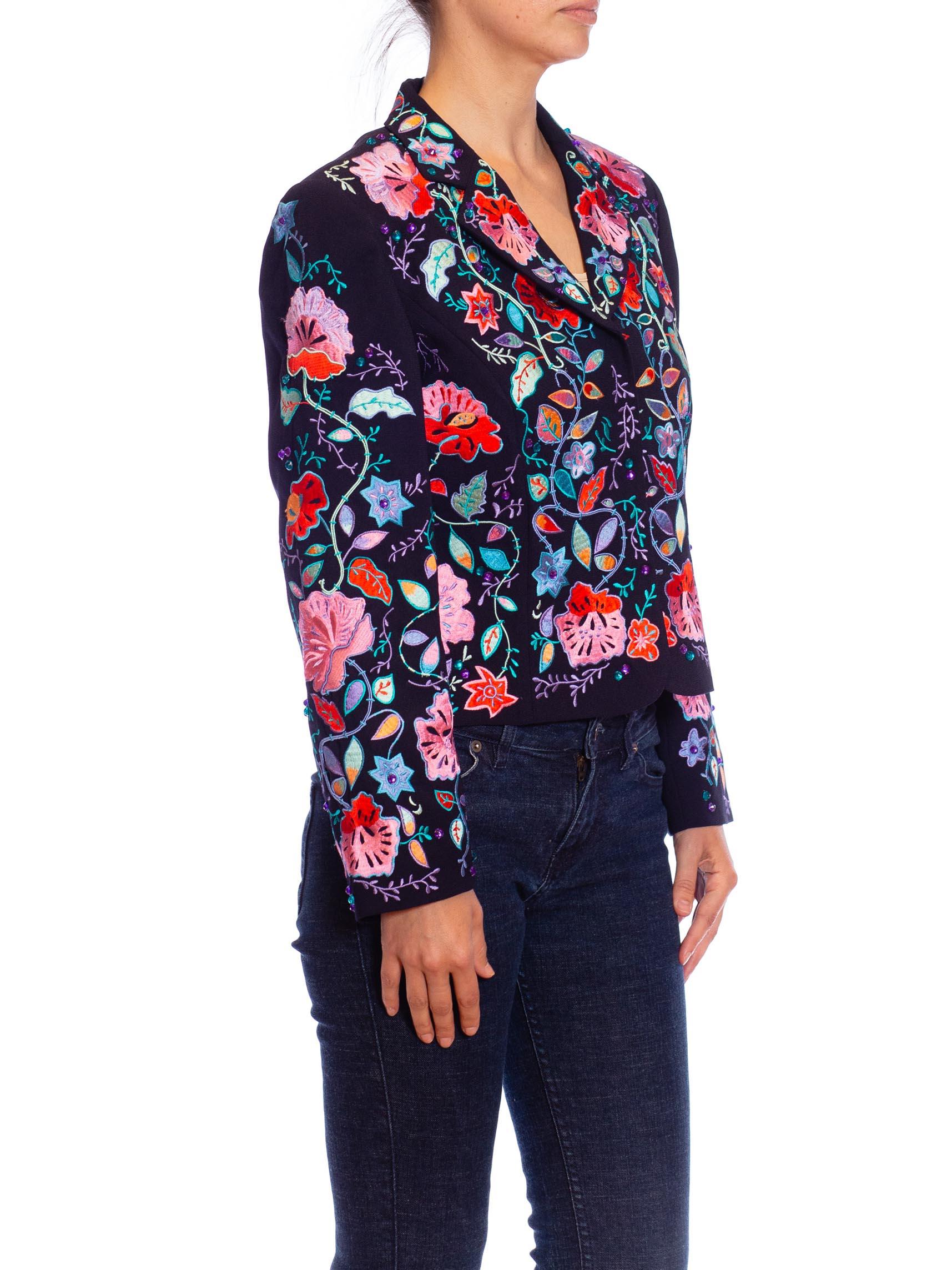 1990s Black Cotton Jacket with Pink and Purple embroidered flowers For Sale 5