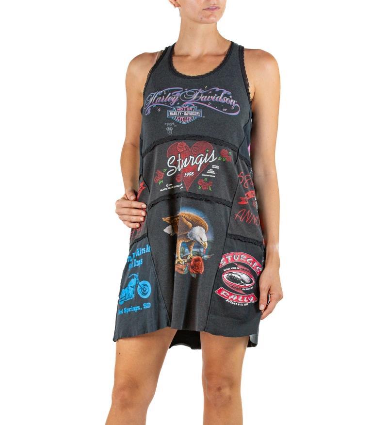 Women's 1990S Black Distressed Cotton Vintage Biker T-Shirt Patchwork Dress For Sale