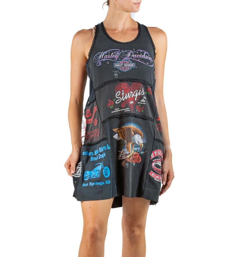 1990S Black Distressed Cotton Vintage Biker T-Shirt Patchwork Dress For Sale 1