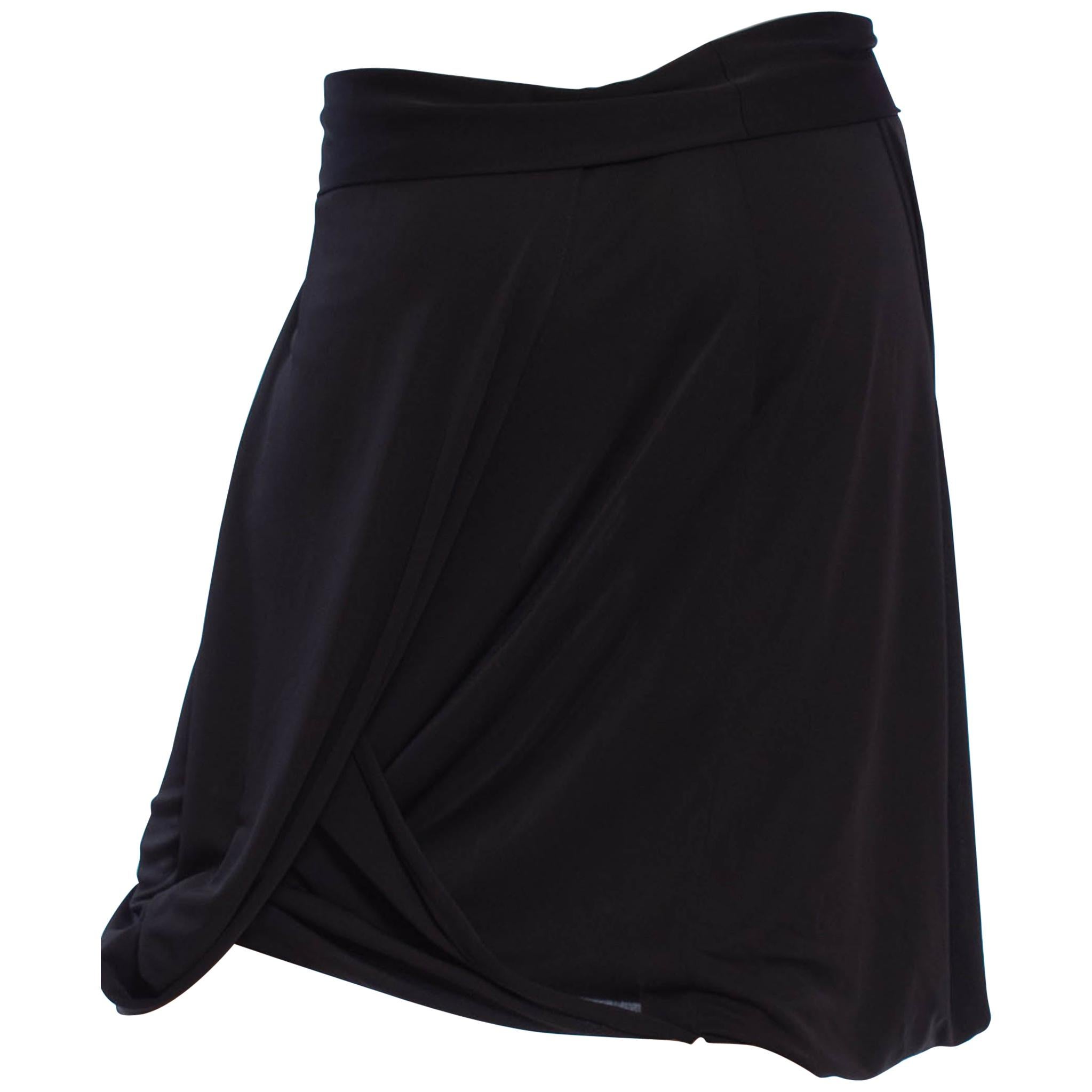 1990S Black Draped Poly Blend Jersey Asymmetrical Skirt For Sale