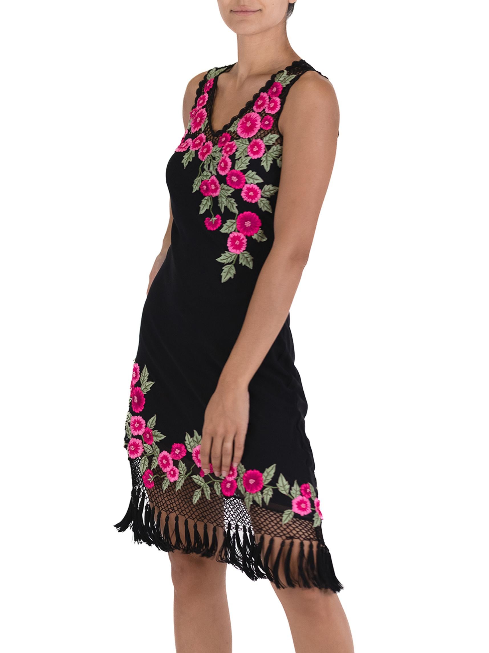 1990S Black Dress With Pink Embroidered Flower Detail In Excellent Condition For Sale In New York, NY
