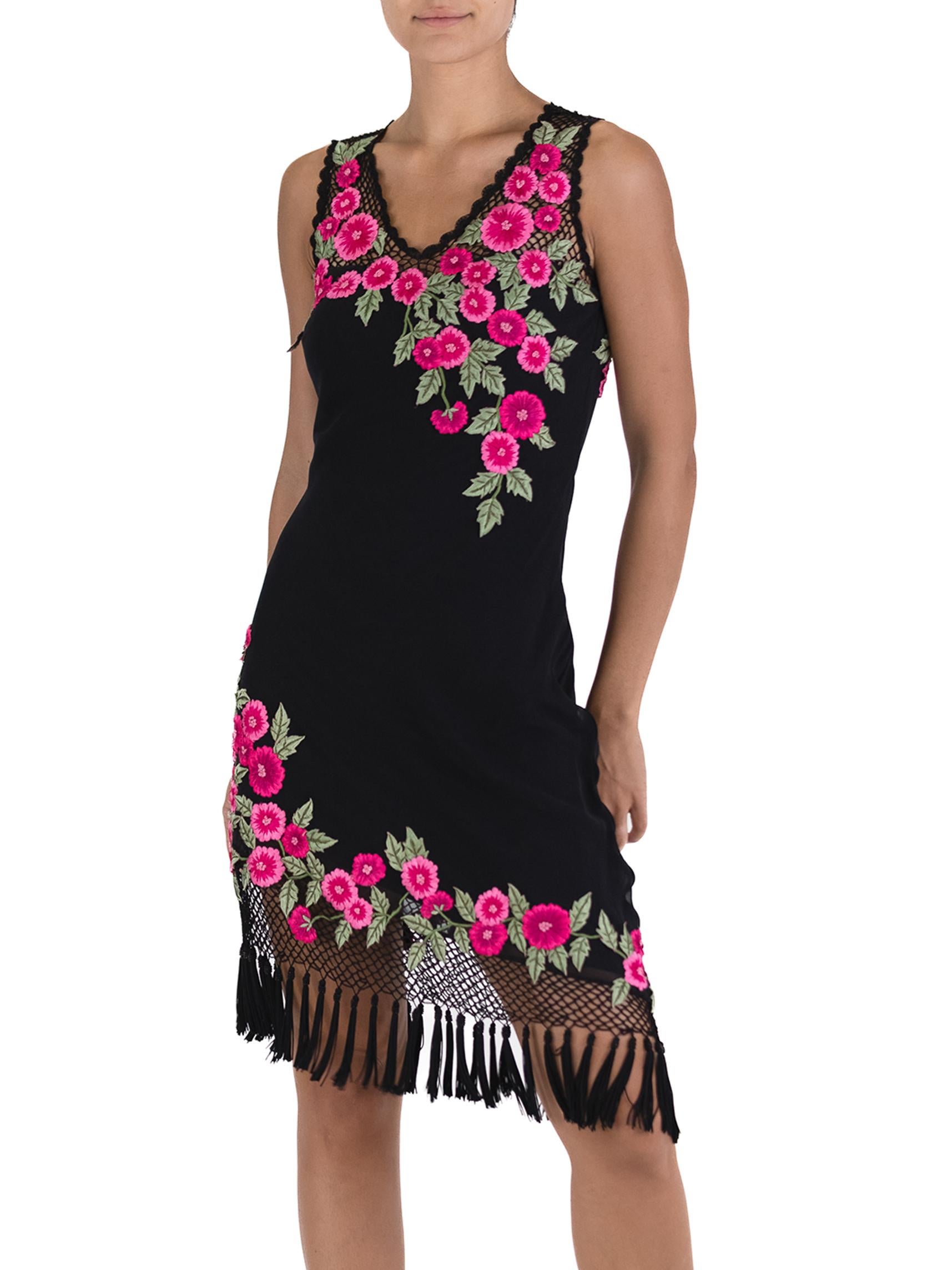 Women's 1990S Black Dress With Pink Embroidered Flower Detail For Sale