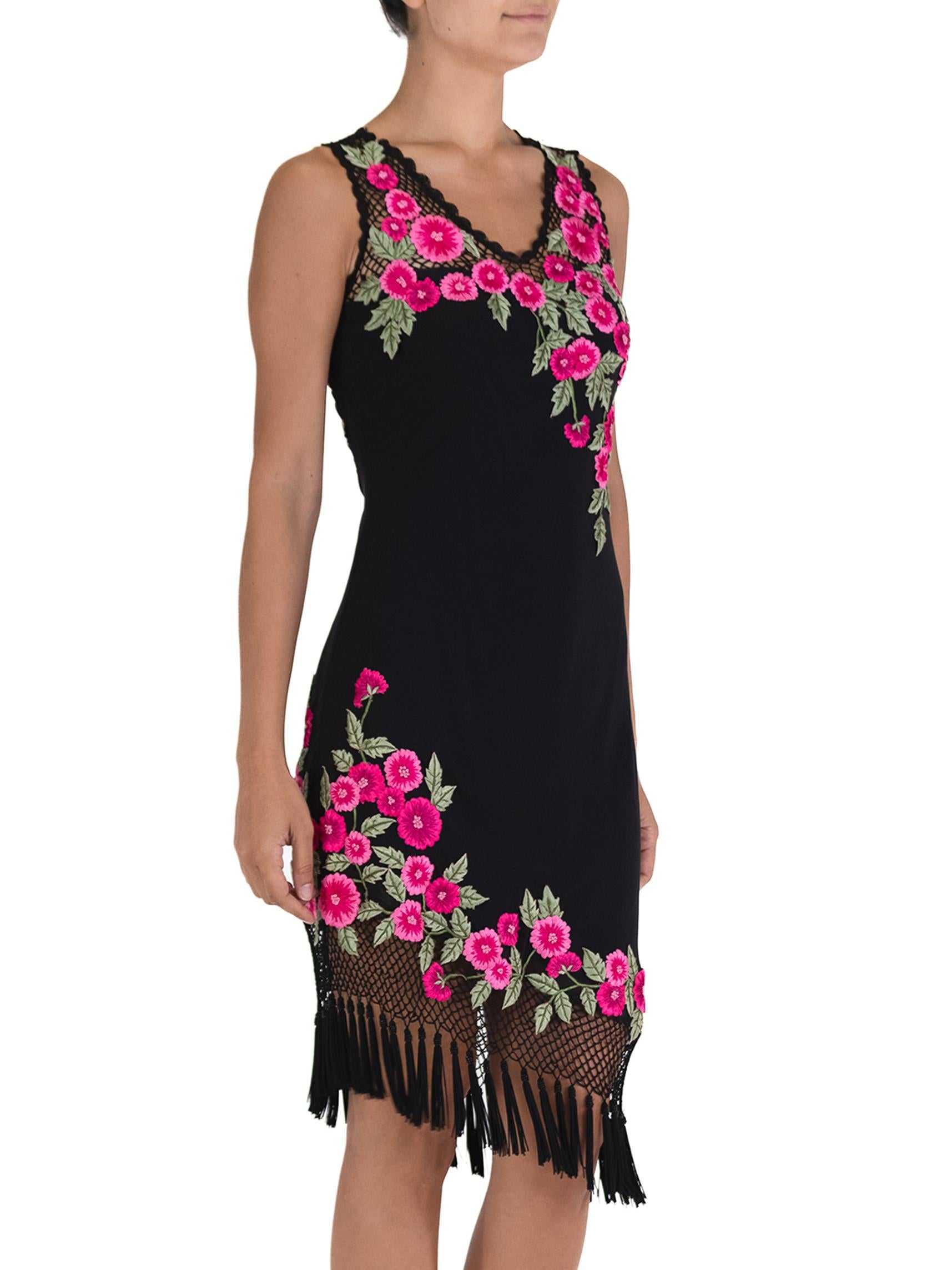 1990S Black Dress With Pink Embroidered Flower Detail For Sale 1