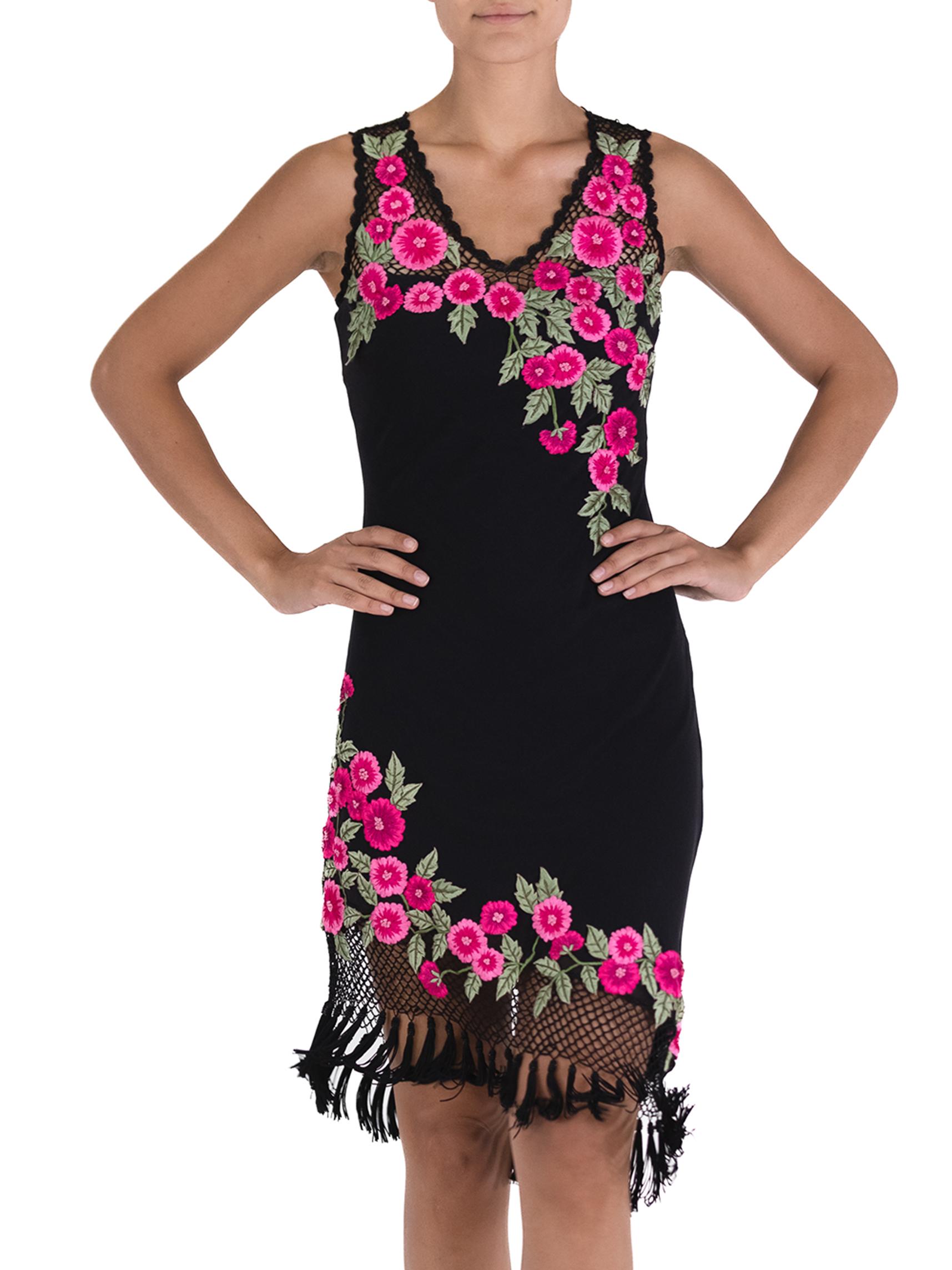 1990S Black Dress With Pink Embroidered Flower Detail For Sale 2
