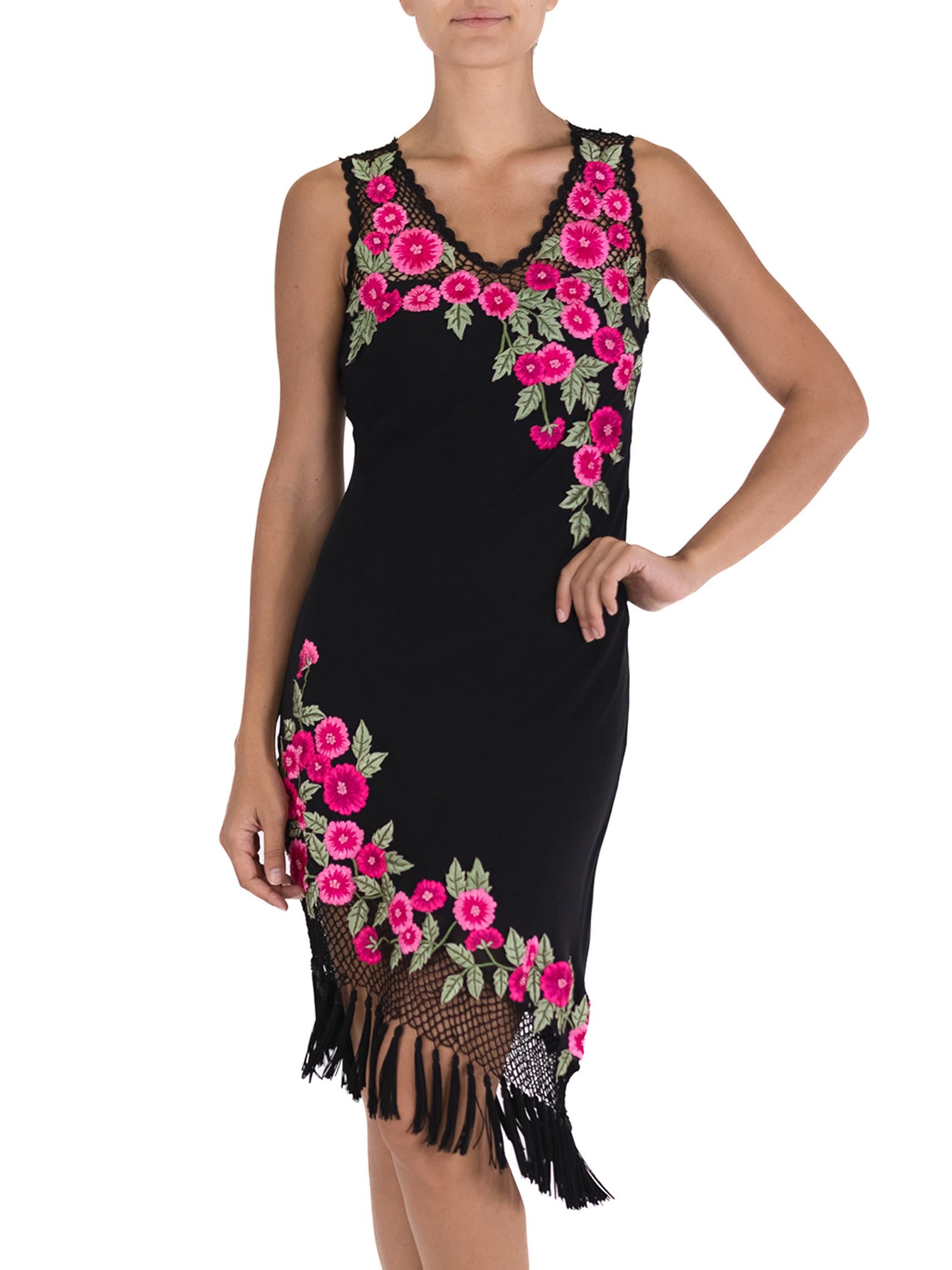 1990S Black Dress With Pink Embroidered Flower Detail For Sale 3
