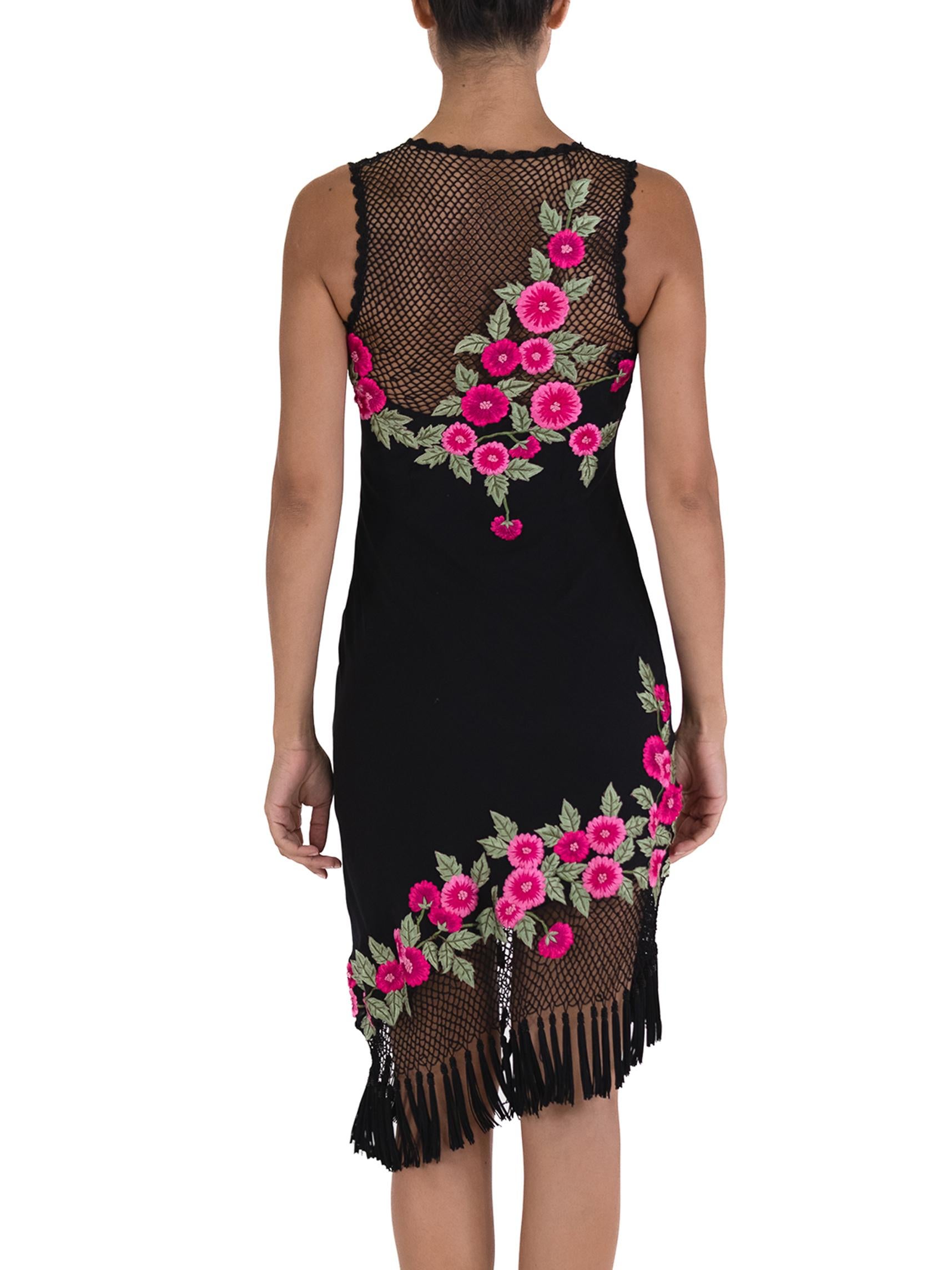 1990S Black Dress With Pink Embroidered Flower Detail For Sale 4