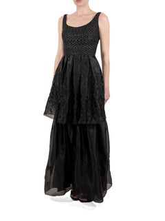 1990S Black Embroidered Rayon & Silk Organza Gown