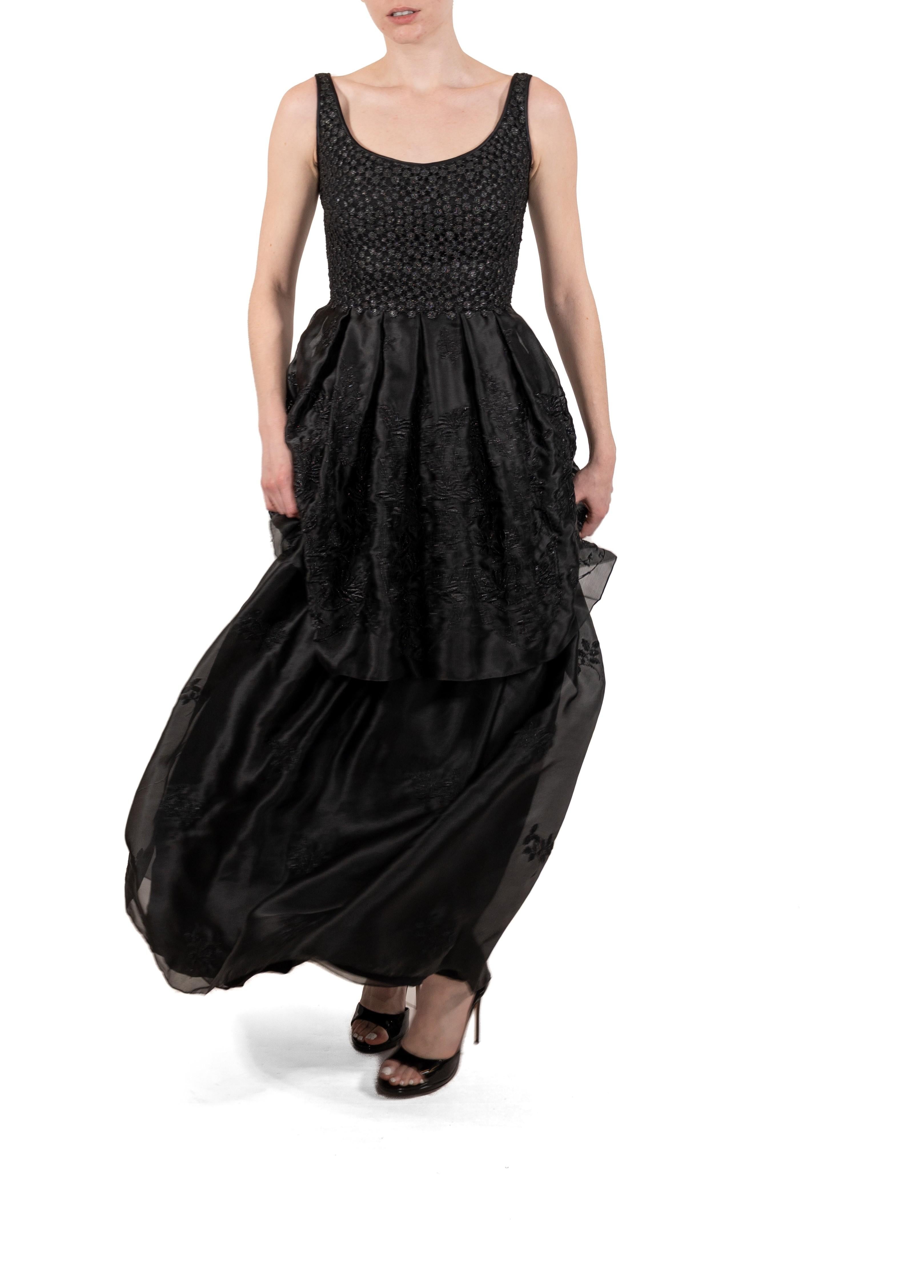 1990S Schwarzes besticktes Kleid aus Rayon und Seidenorganza im Angebot 3