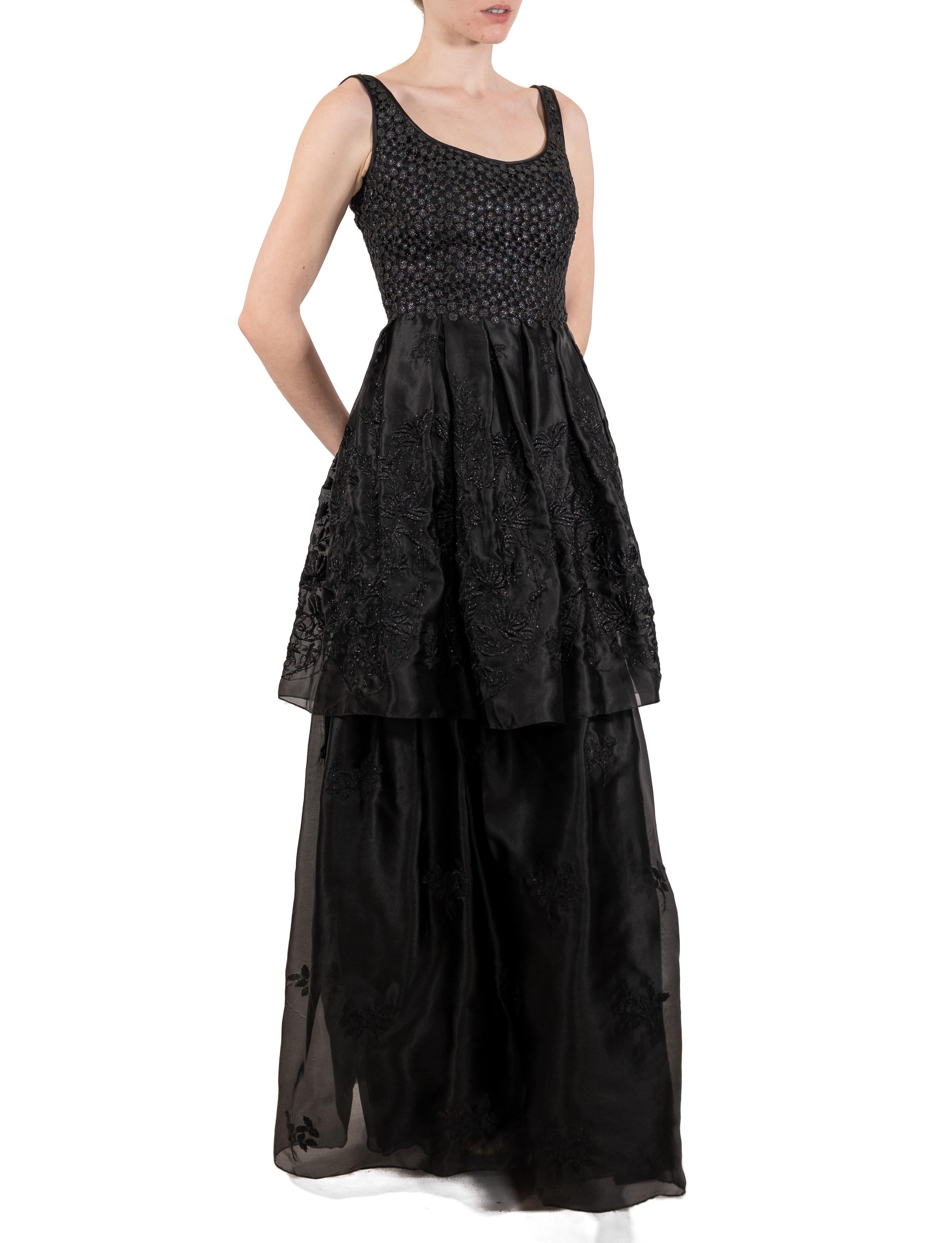 1990S Schwarzes besticktes Kleid aus Rayon und Seidenorganza im Angebot 4