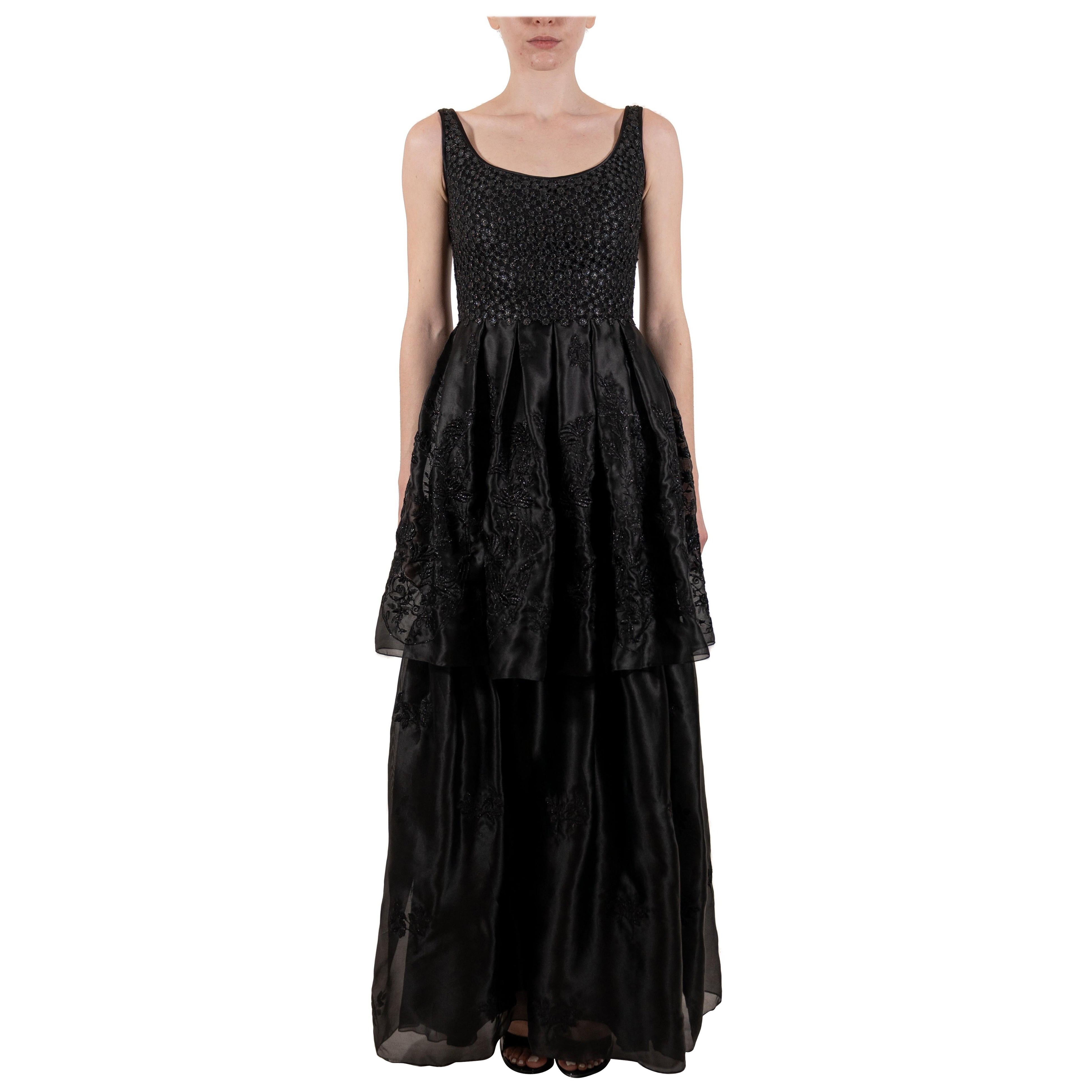 1990S Robe noire brodée en rayonne et organza de soie