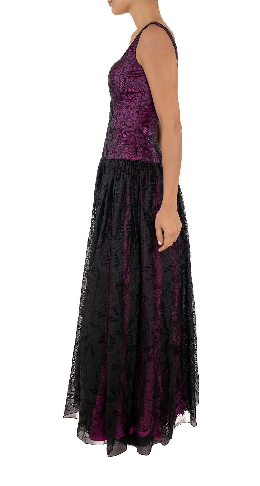 Women's 1990S Black Embroidered Silk Organza Ball Gown Lined In Hot Pink Satin For Sale