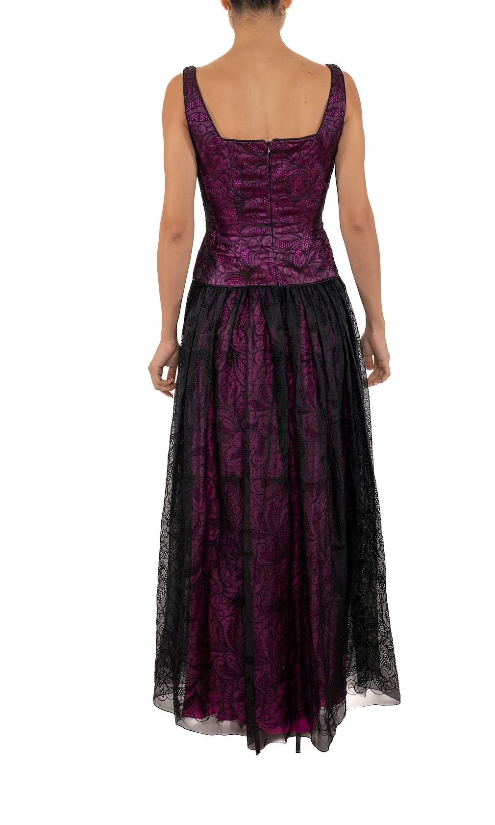 1990S Black Embroidered Silk Organza Ball Gown Lined In Hot Pink Satin For Sale 1
