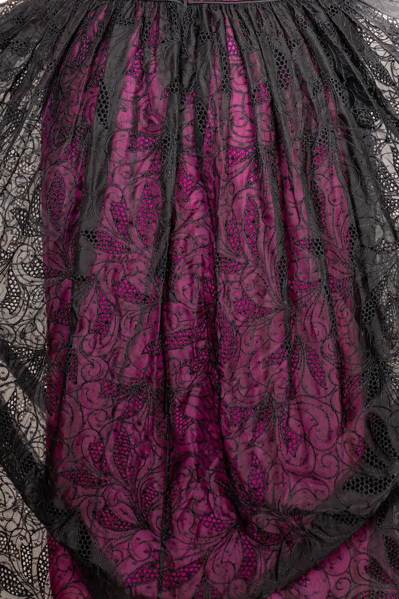 1990S Black Embroidered Silk Organza Ball Gown Lined In Hot Pink Satin For Sale 5
