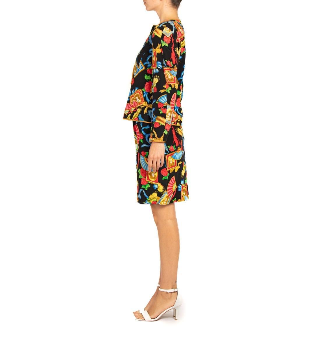 Beige 1990S Ensemble noir avec impression d'éventail et doublure en or en vente