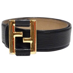 Vintage 1990s Black Fendi Belt With Gold Logo Buckle