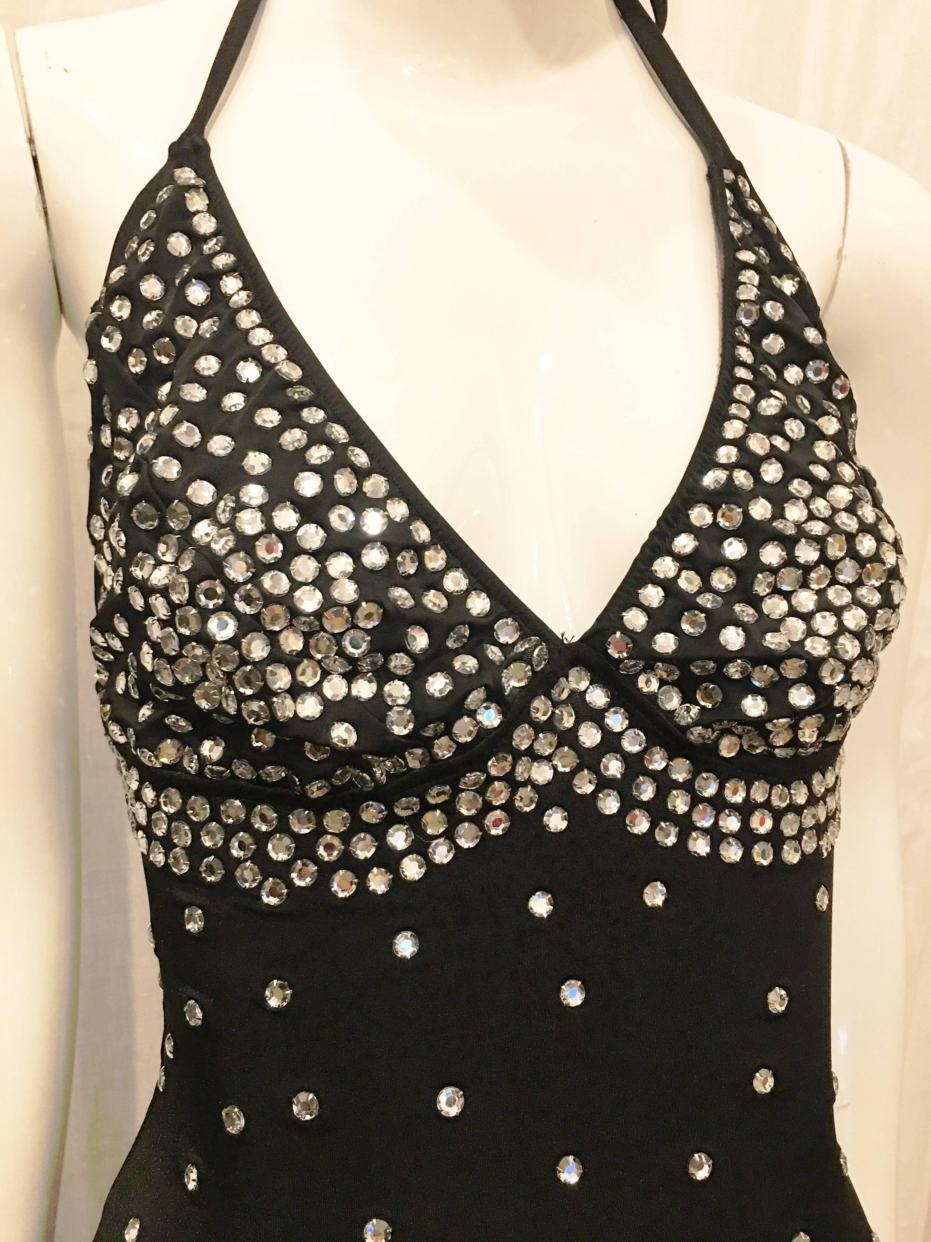 Black Full Length Rhinestone Embellished Halter Dress, 1990s  For Sale 1