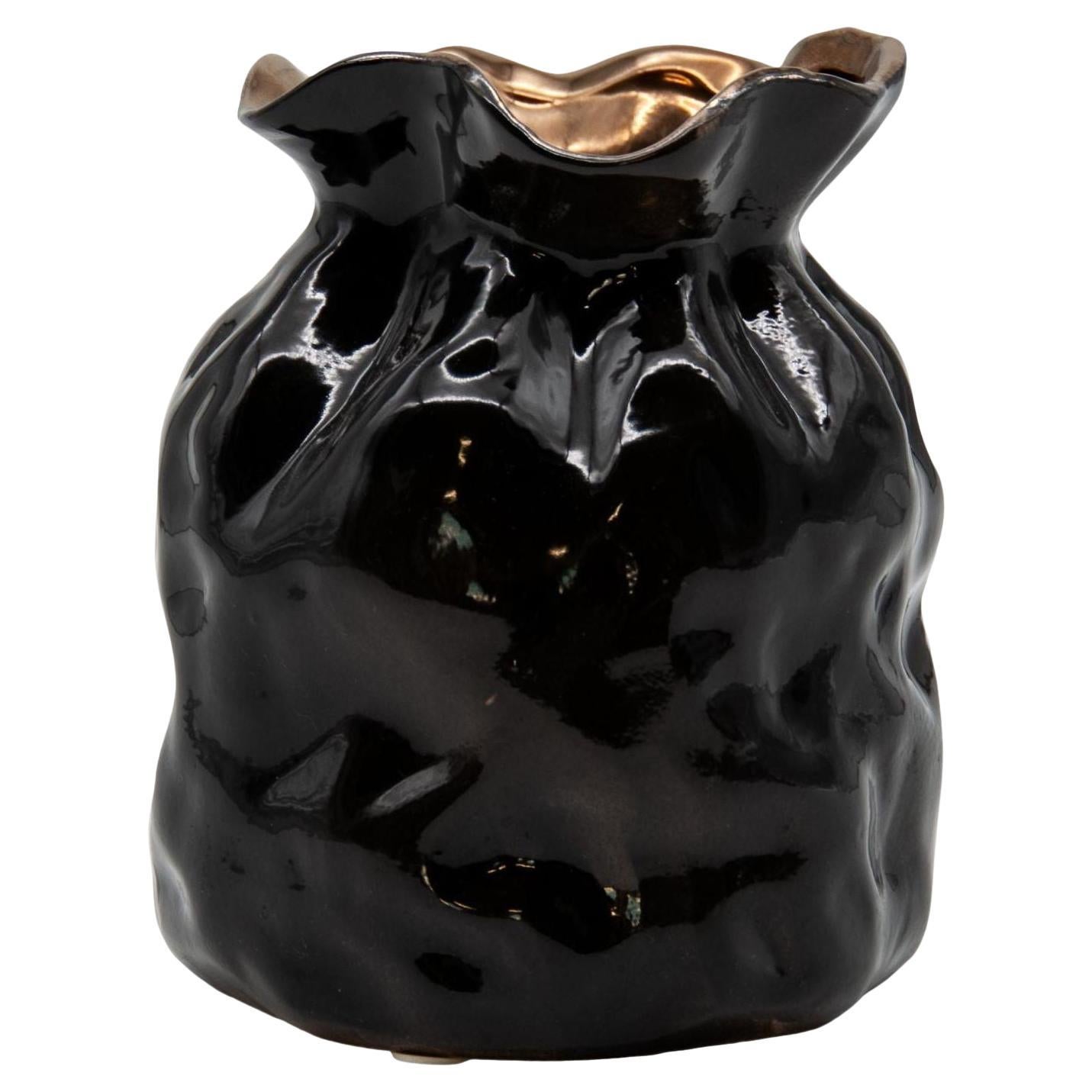 1990s Black & Gold Bag Form Vase
