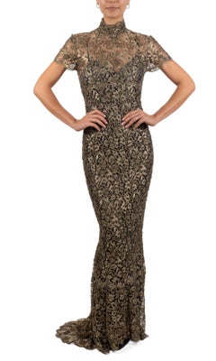 1990S Black & Gold Beaded Rayon Silk Lace High Collar Gown With Short Sleeves D