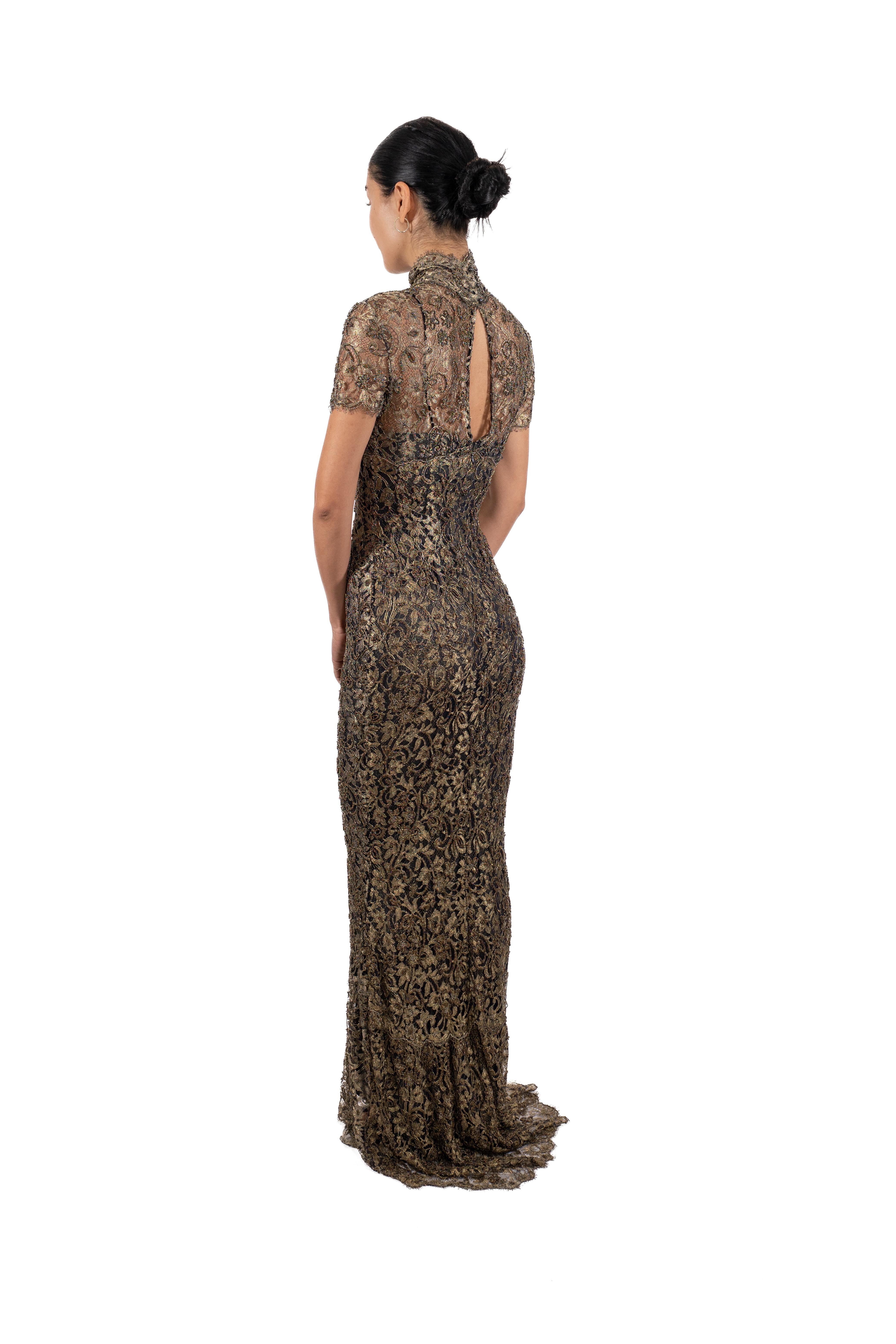 1990S Black & Gold Beaded Rayon Silk Lace High Collar Gown With Short Sleeves D In Good Condition For Sale In New York, NY