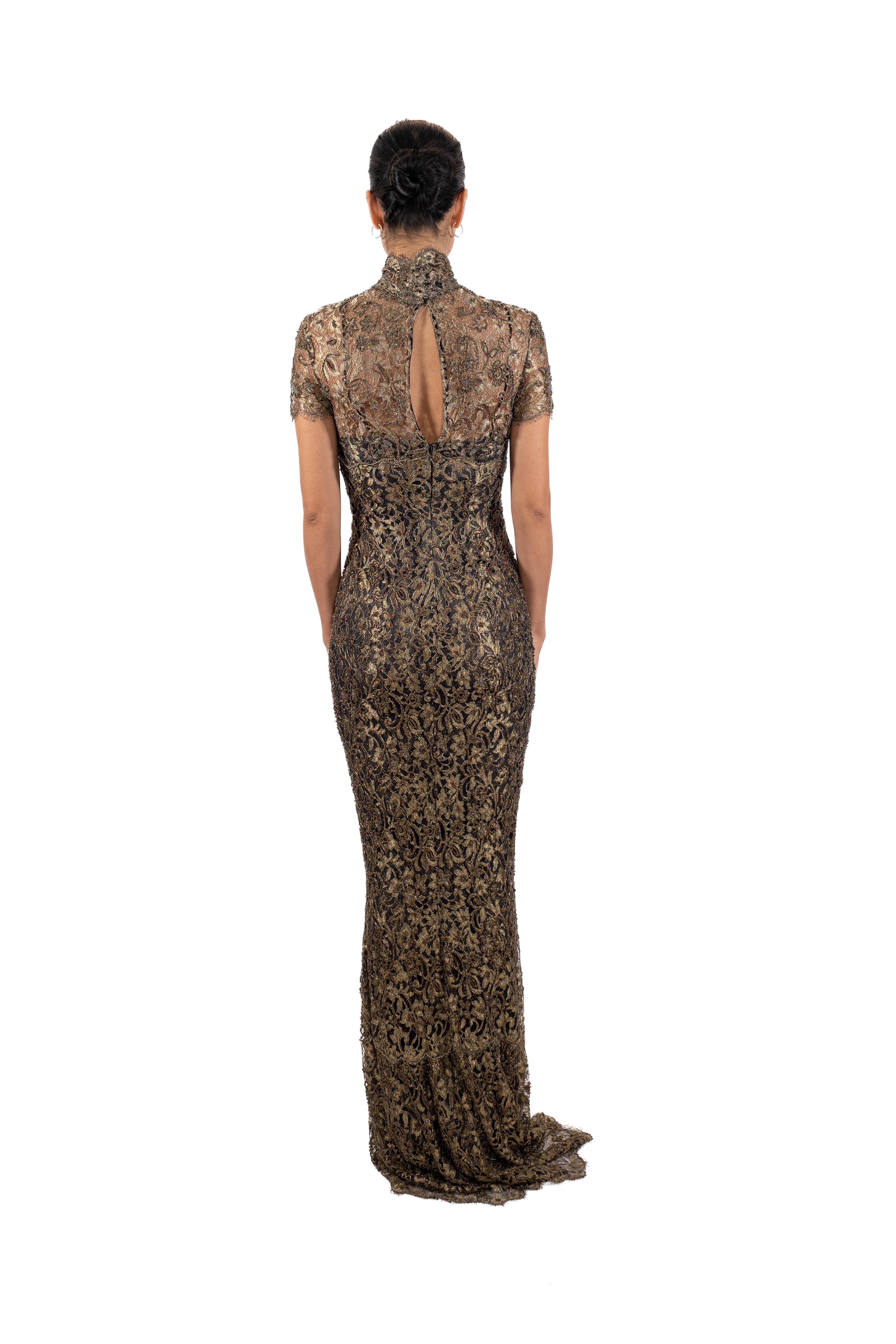 Women's 1990S Black & Gold Beaded Rayon Silk Lace High Collar Gown With Short Sleeves D For Sale