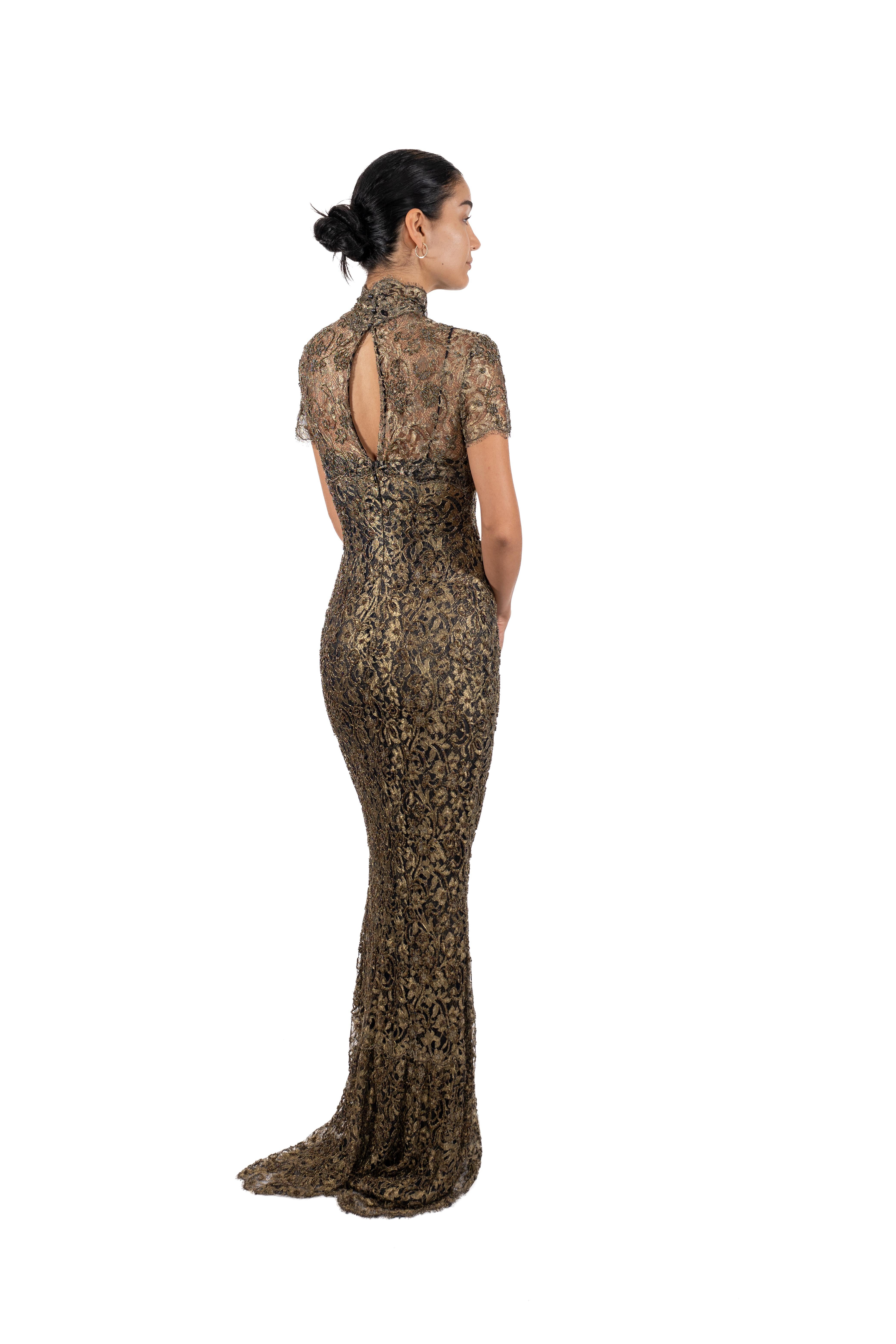 1990S Black & Gold Beaded Rayon Silk Lace High Collar Gown With Short Sleeves D For Sale 1