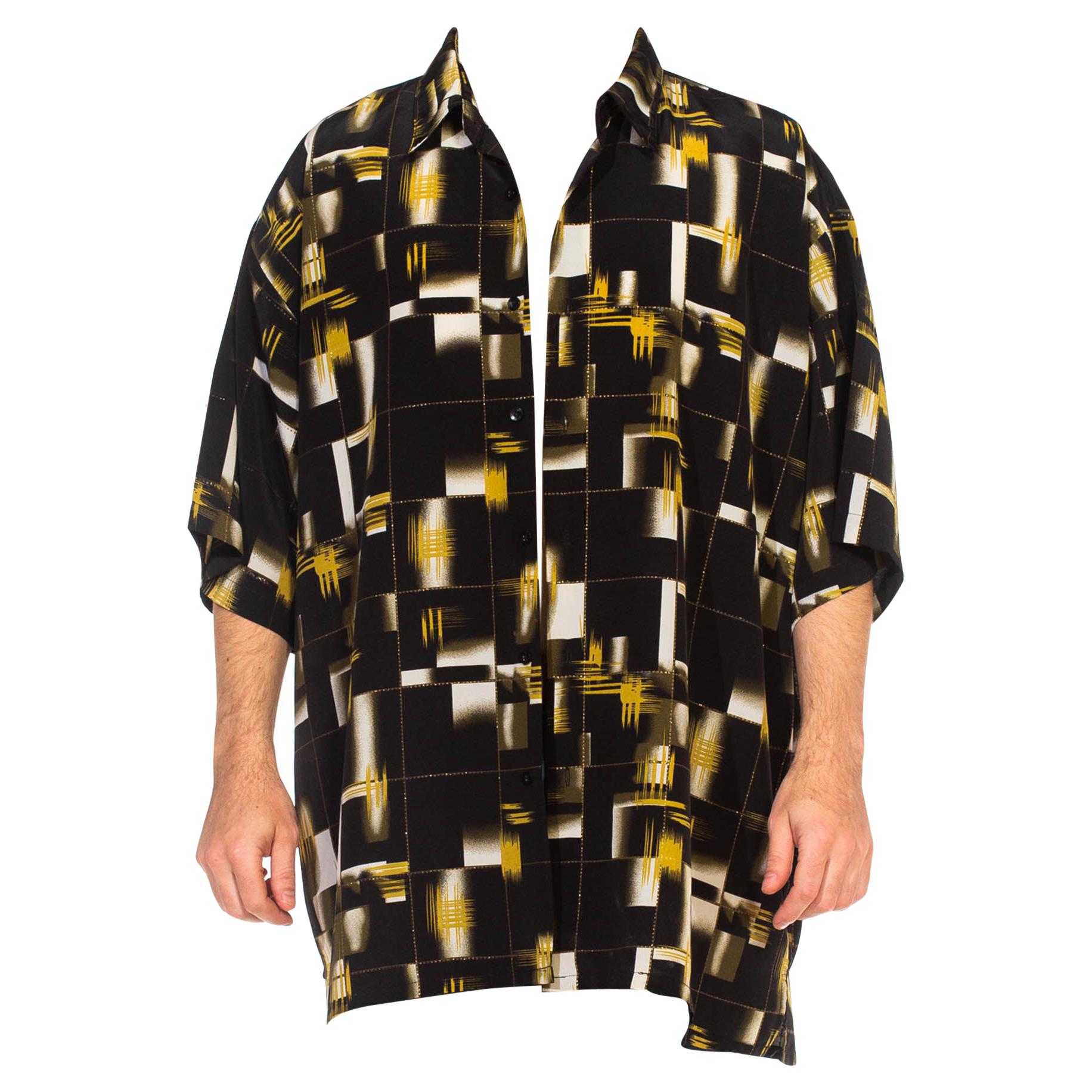 1990S Black & Gold Polyester Men's Short Sleeve Shirt For Sale
