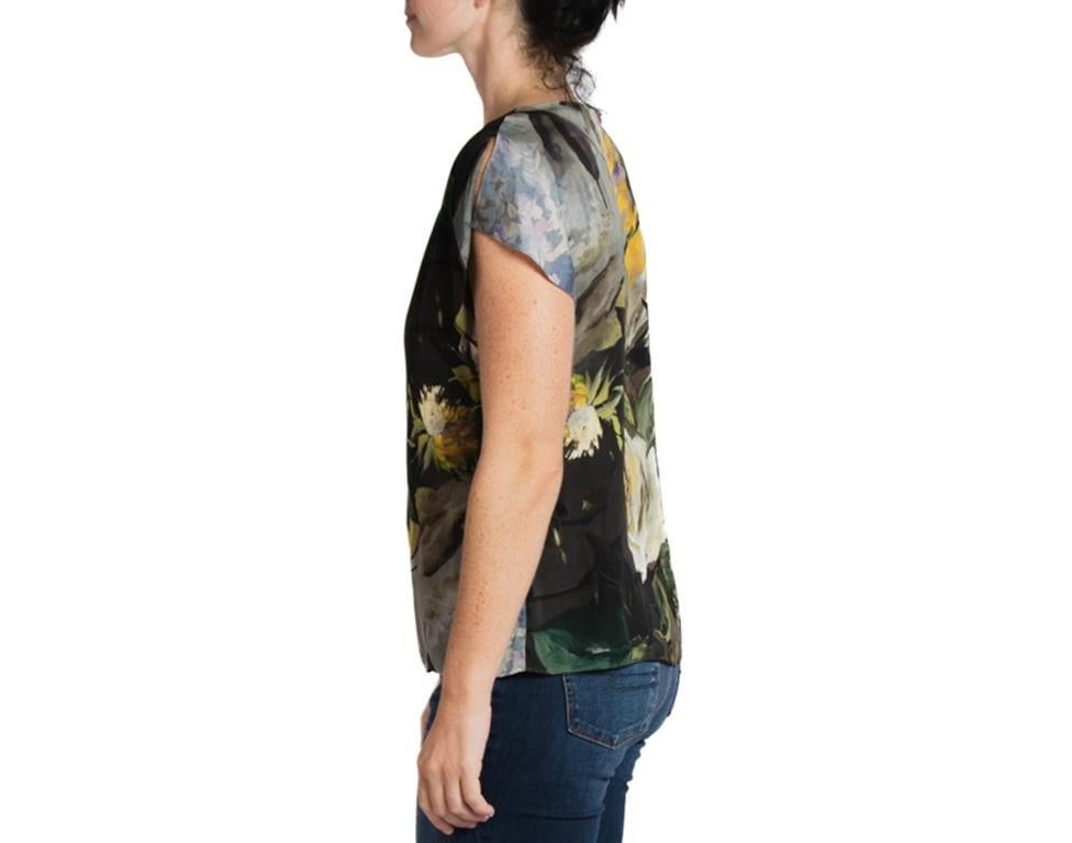 1990S Black & Green Silk Satin Dramatic Rose Print Top In Excellent Condition For Sale In New York, NY