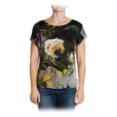 1990S Black & Green Silk Satin Dramatic Rose Print Top