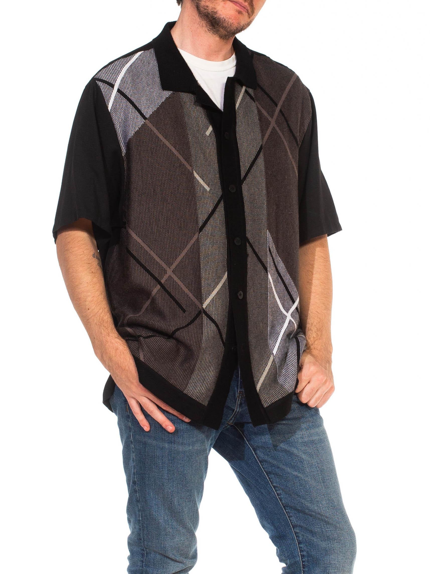 Men's 1990S Black & Grey Poly/Rayon Knit Rat Pack Style Mens Shirt For Sale