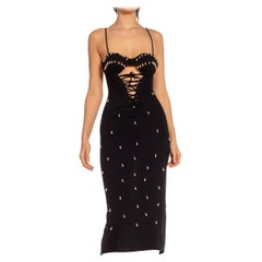 1990S Black & Ivory Polyester Stretch Lace Up Bustier Dress Tear Drop Pearl