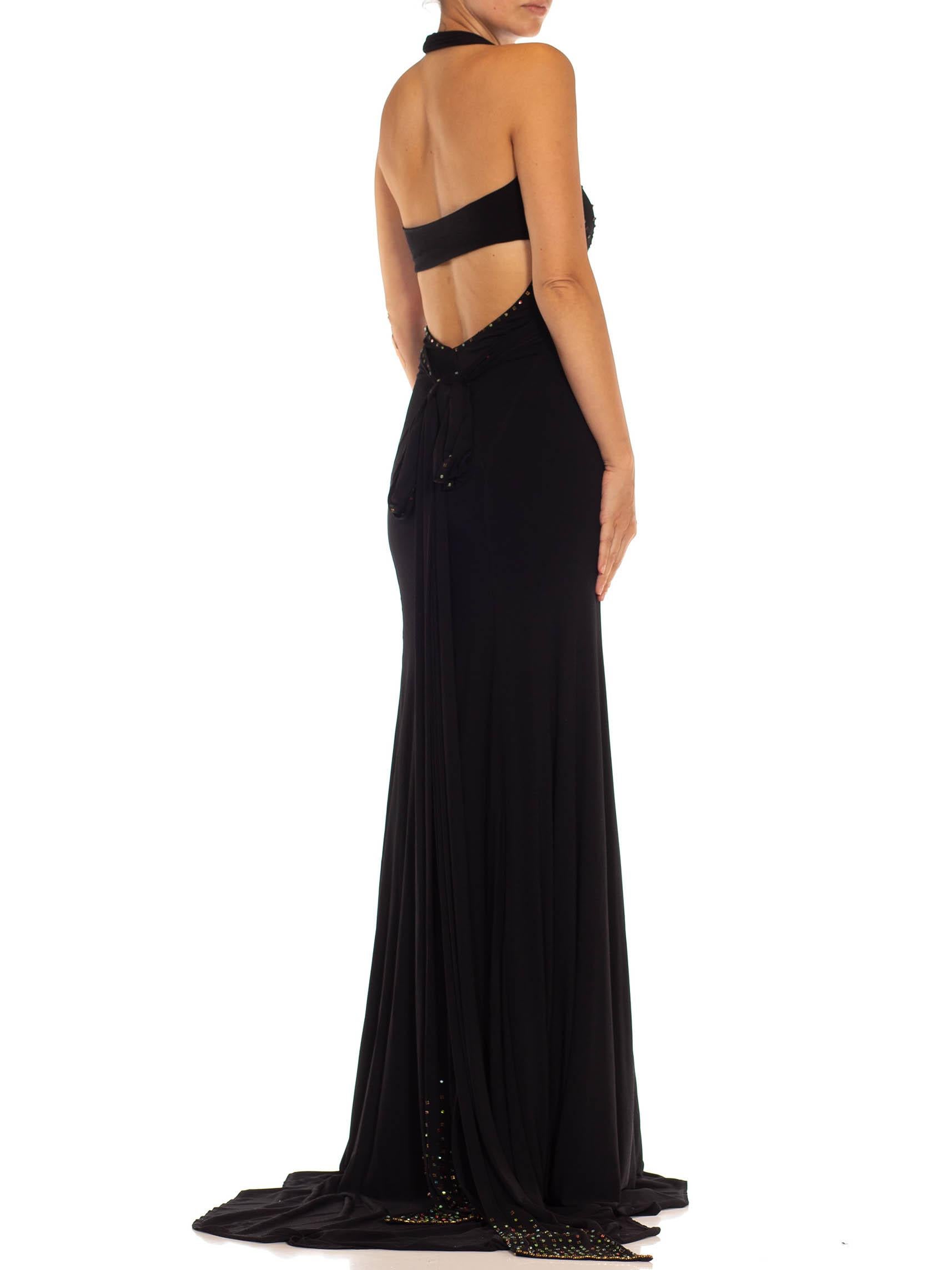 1990S Black Jersey Sexy Slinky Rhinestone Halter Neck Gown With Arm Sleeve Piece For Sale 6