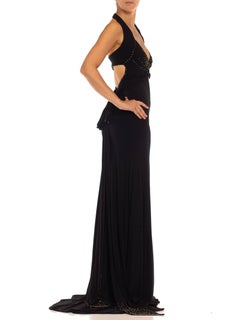 1990S Black Jersey Sexy Slinky Rhinestone Halter Neck Gown With Arm Sleeve Piece